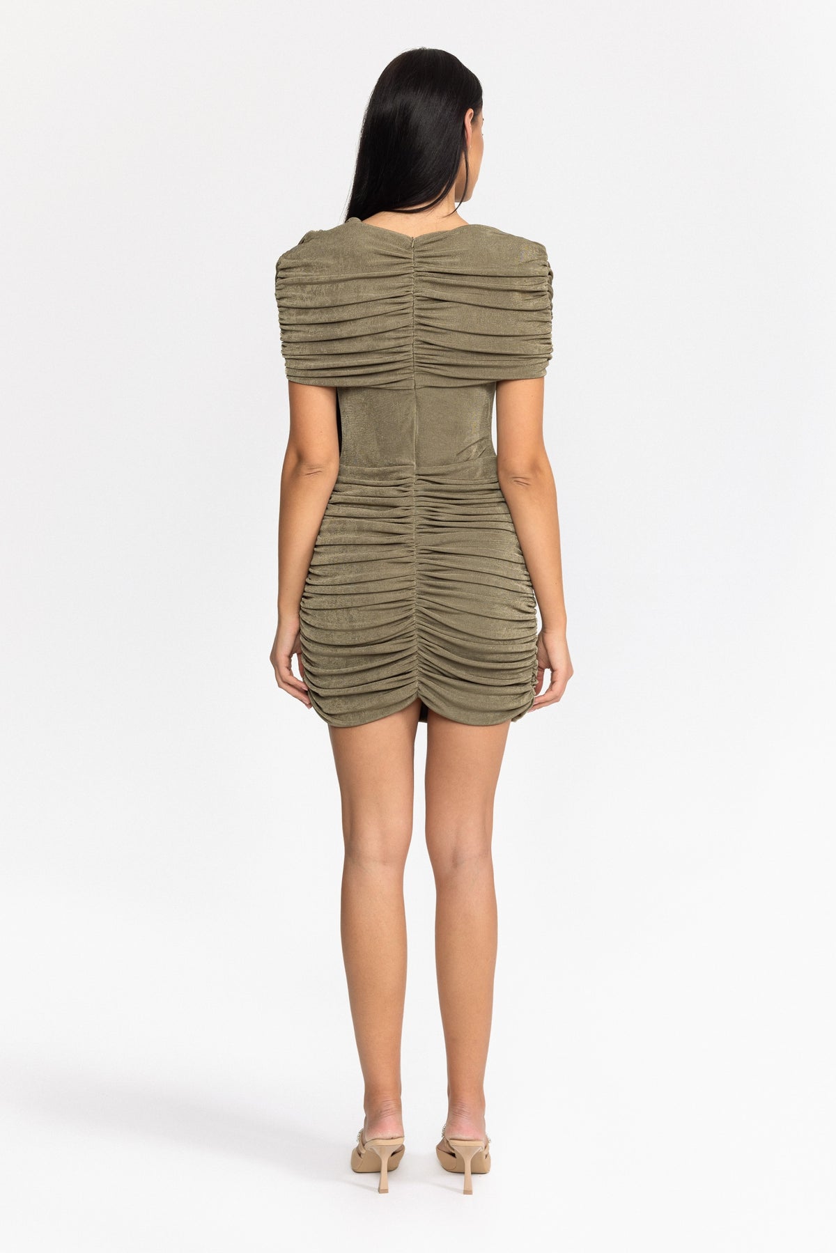 Mini-robe drapée à cape et ruchés - Olive