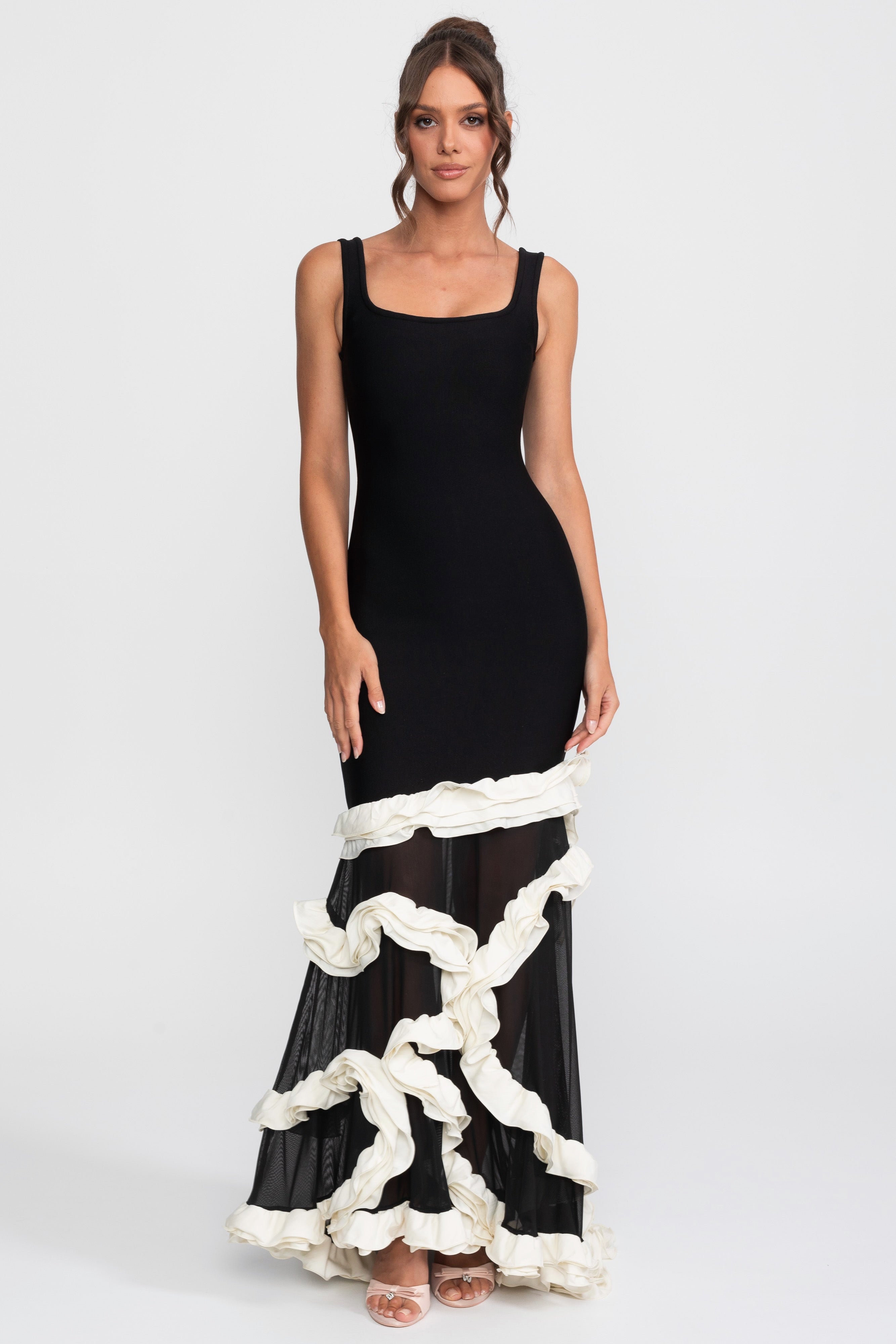 Robe moulante à ourlet volanté avec encolure carrée - Noir