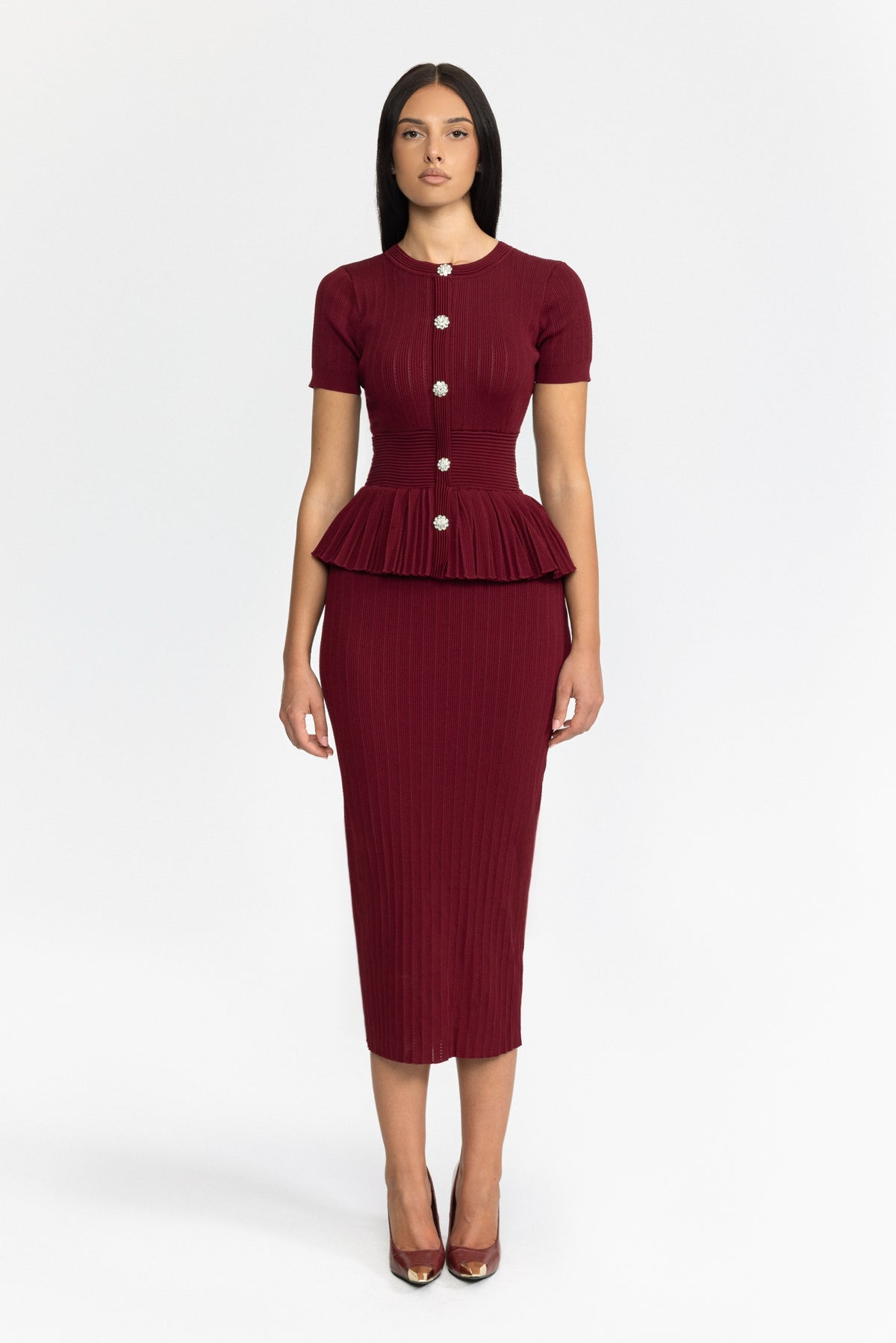 Pleated Peplum Knit Pencil Midi Dress - Wine