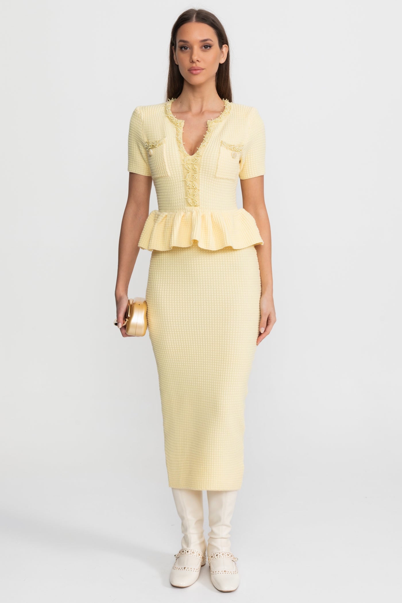 Robe Midi en Maille Texturée avec Détail Taille Peplum – Jaune