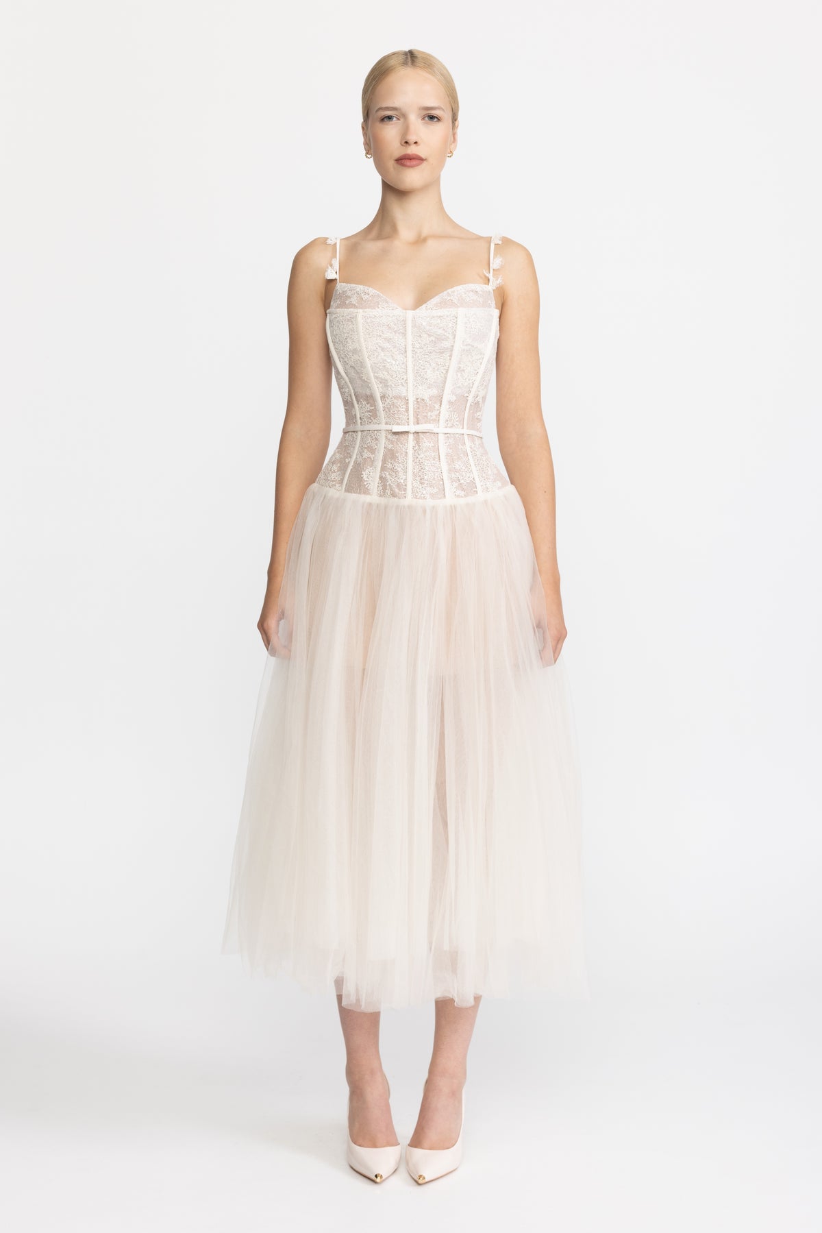 Robe midi en tulle à corset en dentelle - Beige