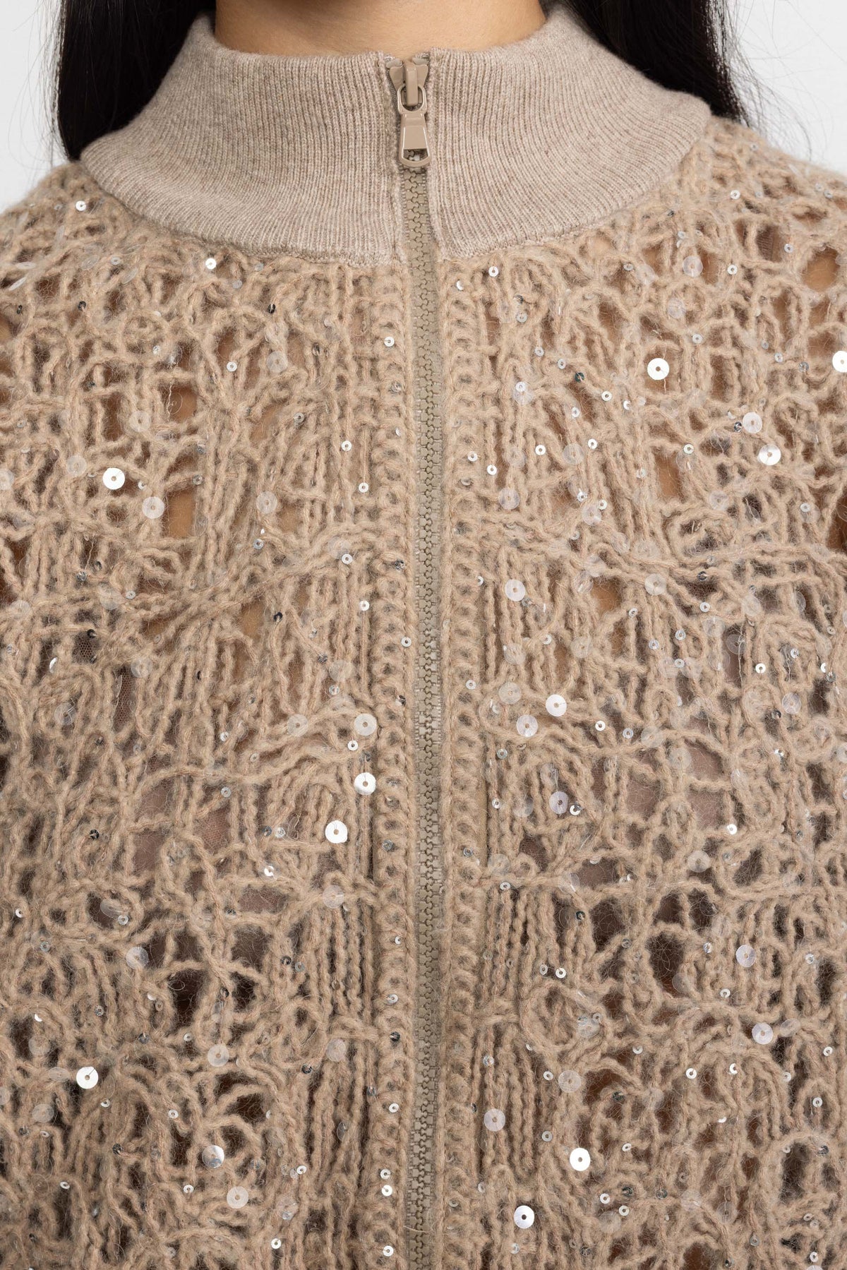Sequin Open-Knit Zip Cardigan - Beige