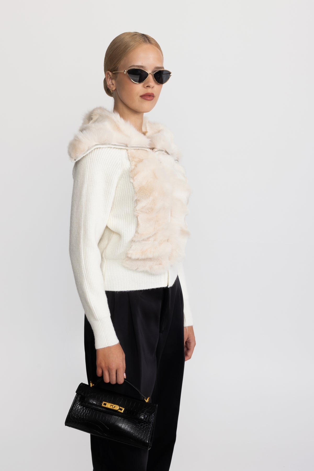 Cardigan zippé en maille à empiècement en fourrure de lapin - Ivoire