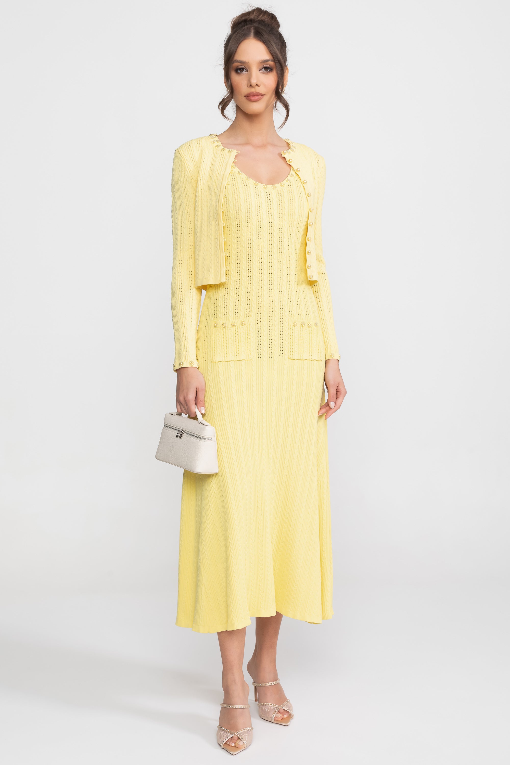Ensemble Robe en Maille Côtelée et Cardigan avec Détails Boutons Perle - Jaune