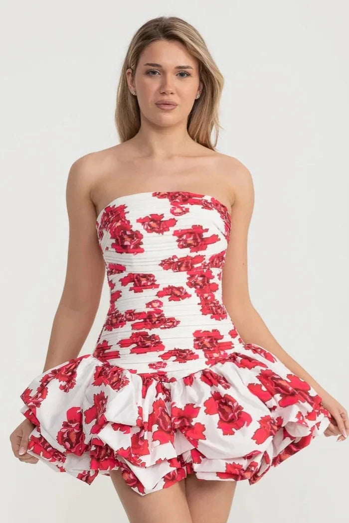 Robe courte avec corsage froncé et ourlet bouffant volumineux - Blanc/Rouge