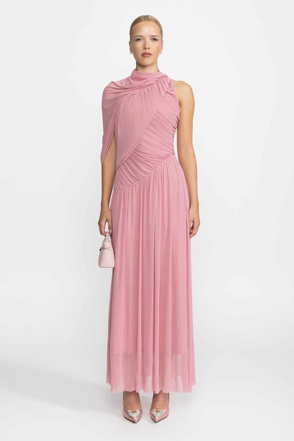 Robe longue en maille à col écharpe drapé - Rose