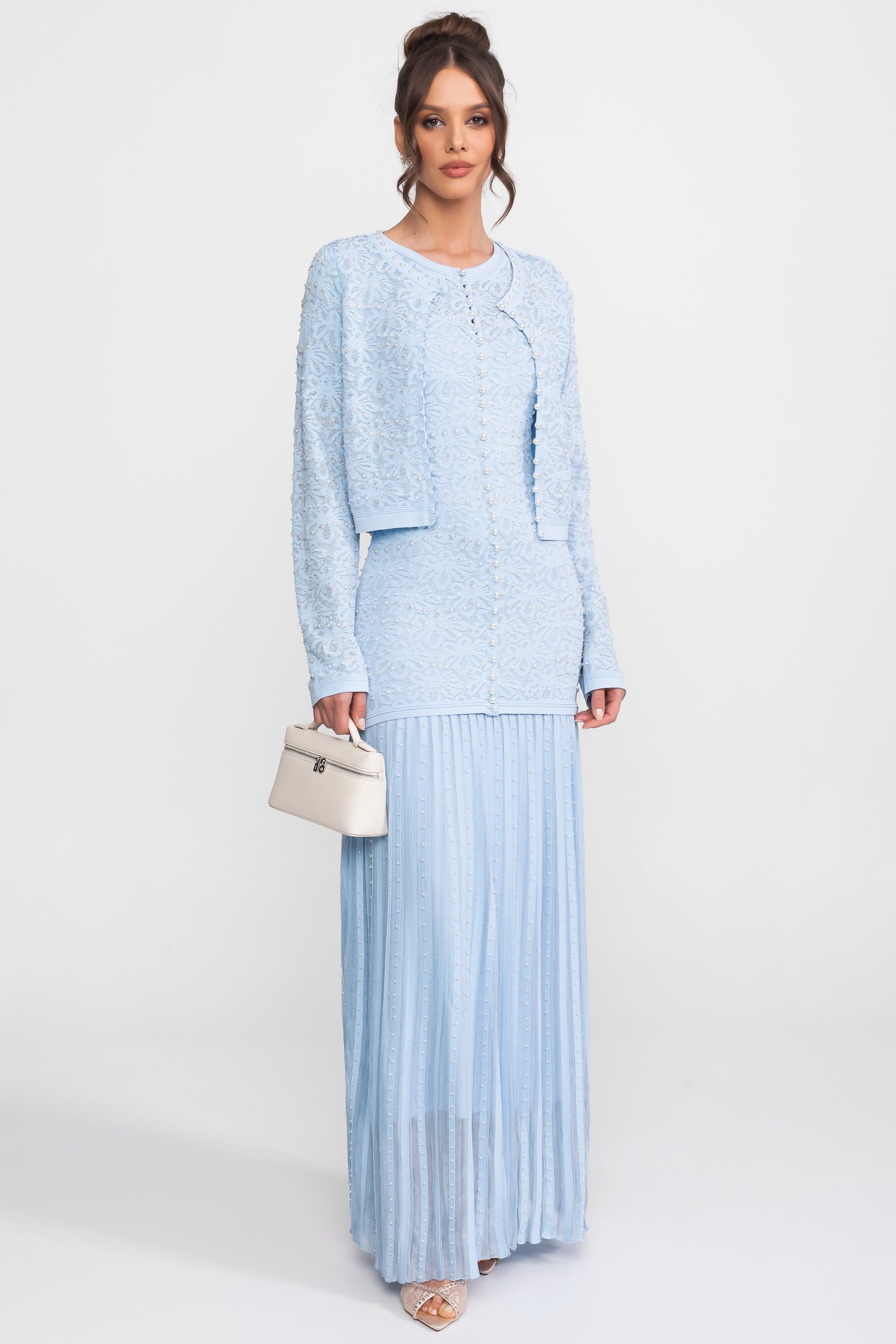 Embellished Long Sleeve Cardigan With Pearl Button Closure - Blue