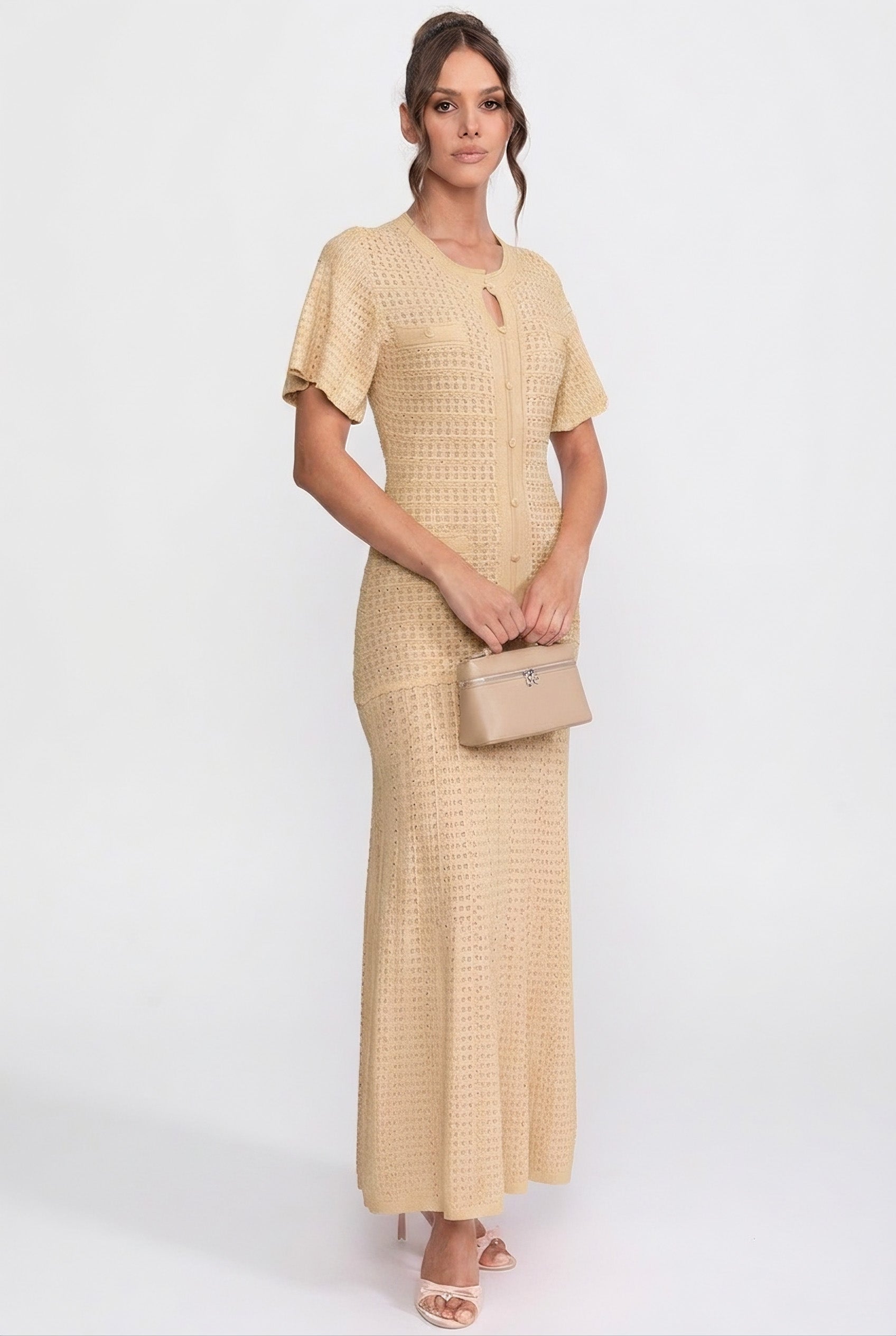 Robe midi à manches courtes avec texture en maille scintillante - Beige