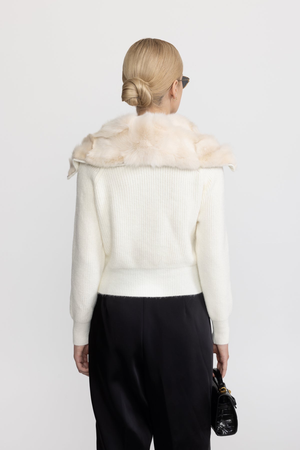 Cardigan zippé en maille à empiècement en fourrure de lapin - Ivoire