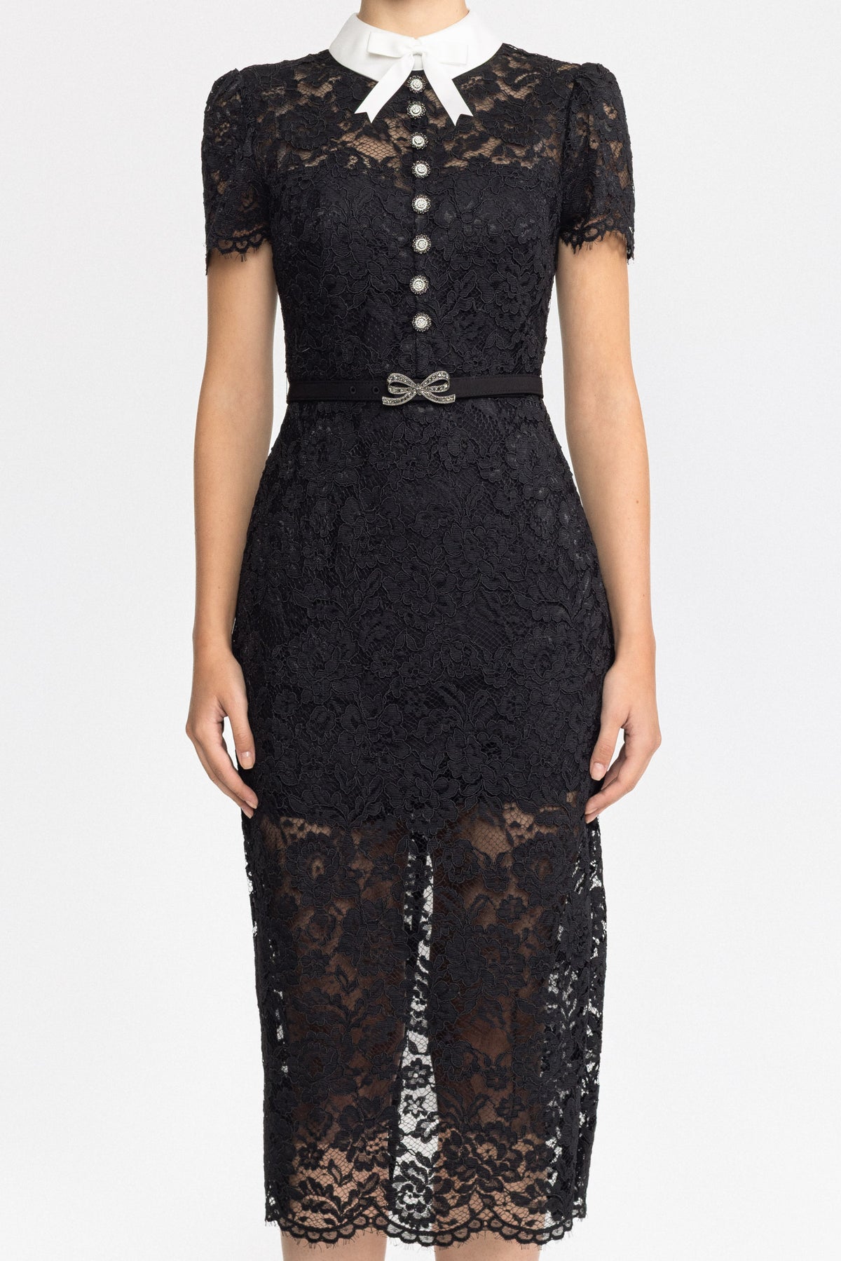Corded Lace Bow Collar Midi Dress - Black