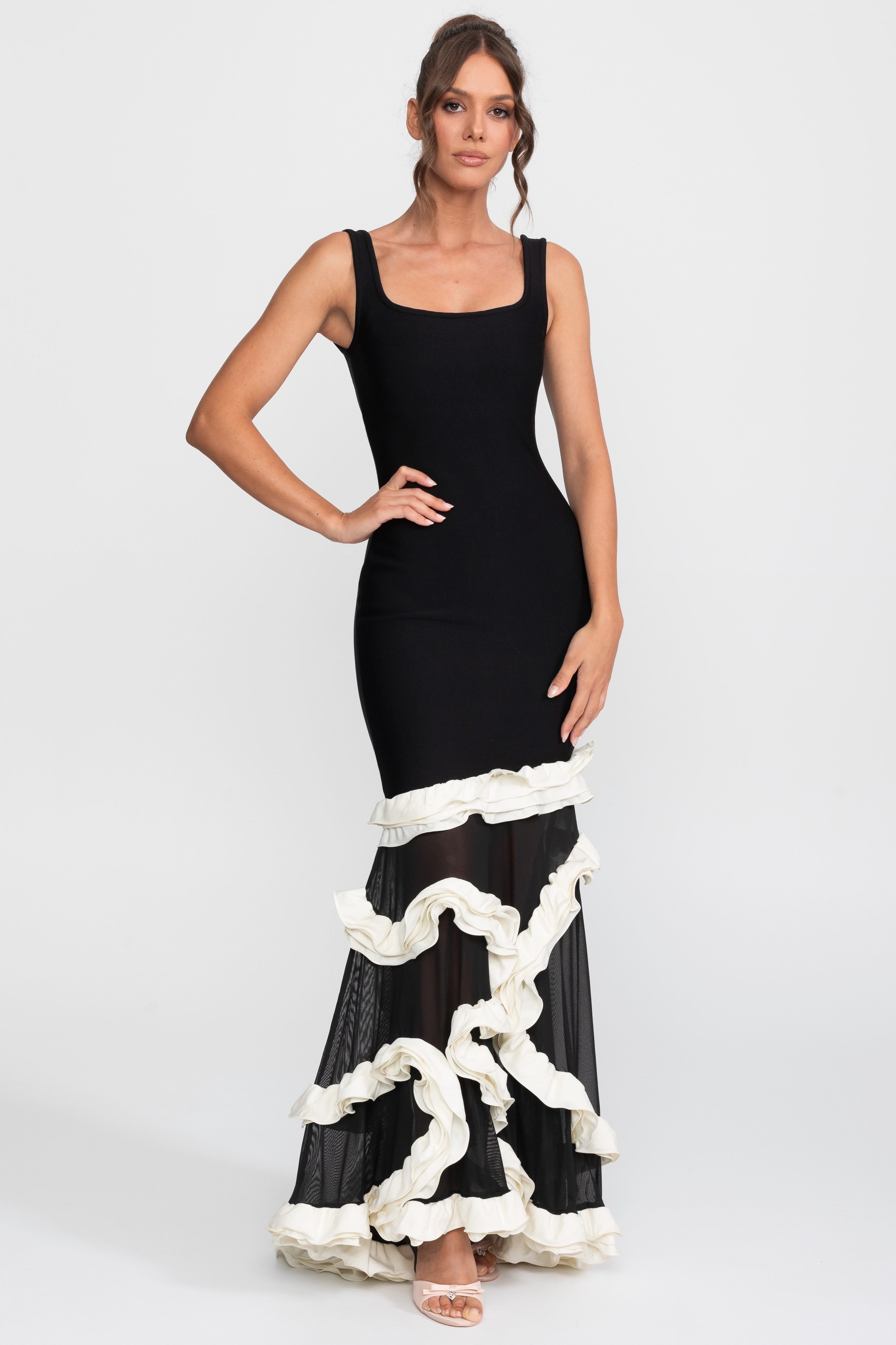 Robe moulante à ourlet volanté avec encolure carrée - Noir