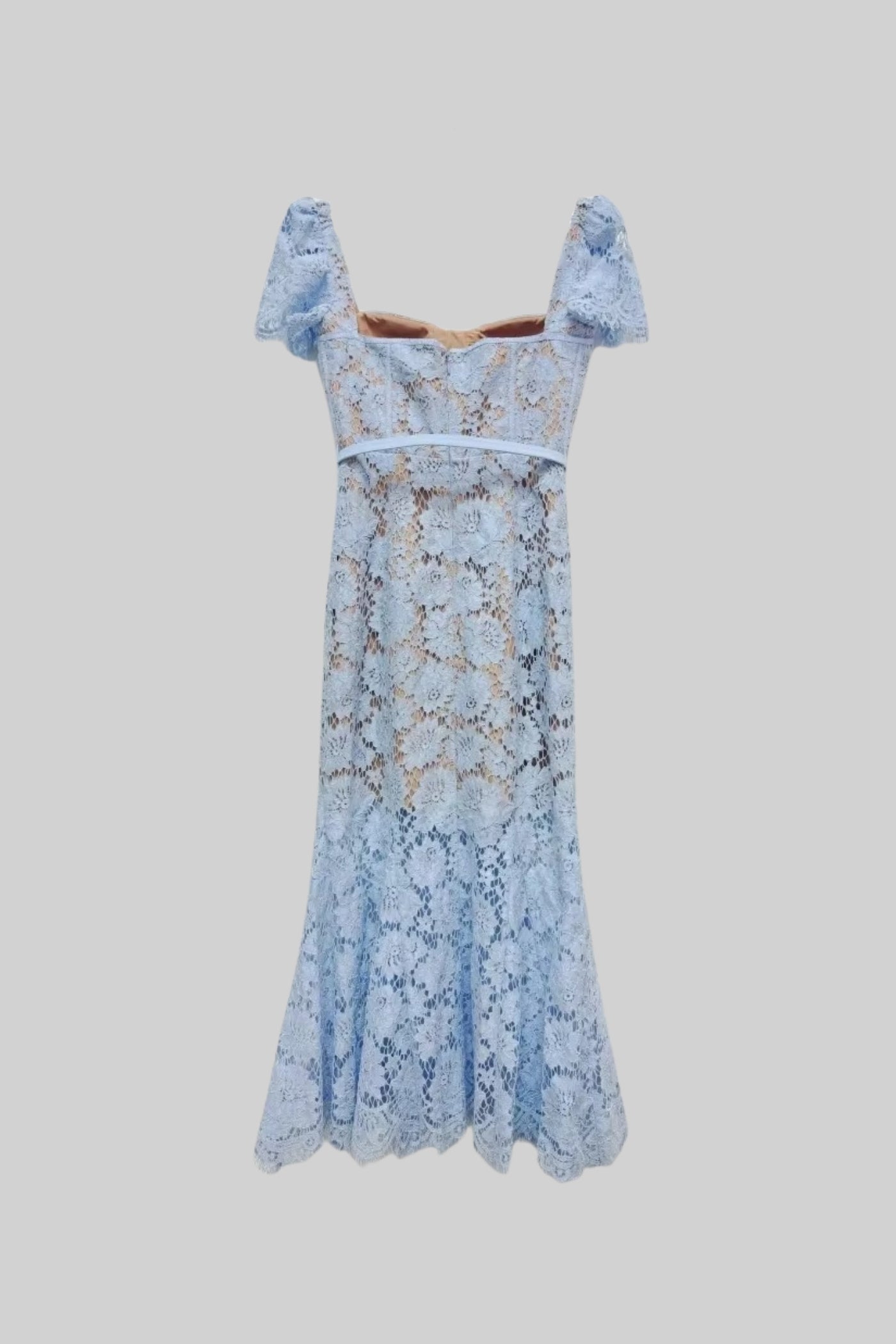 Robe en dentelle à manches courtes avec délicate ceinture assortie à la taille - Blue