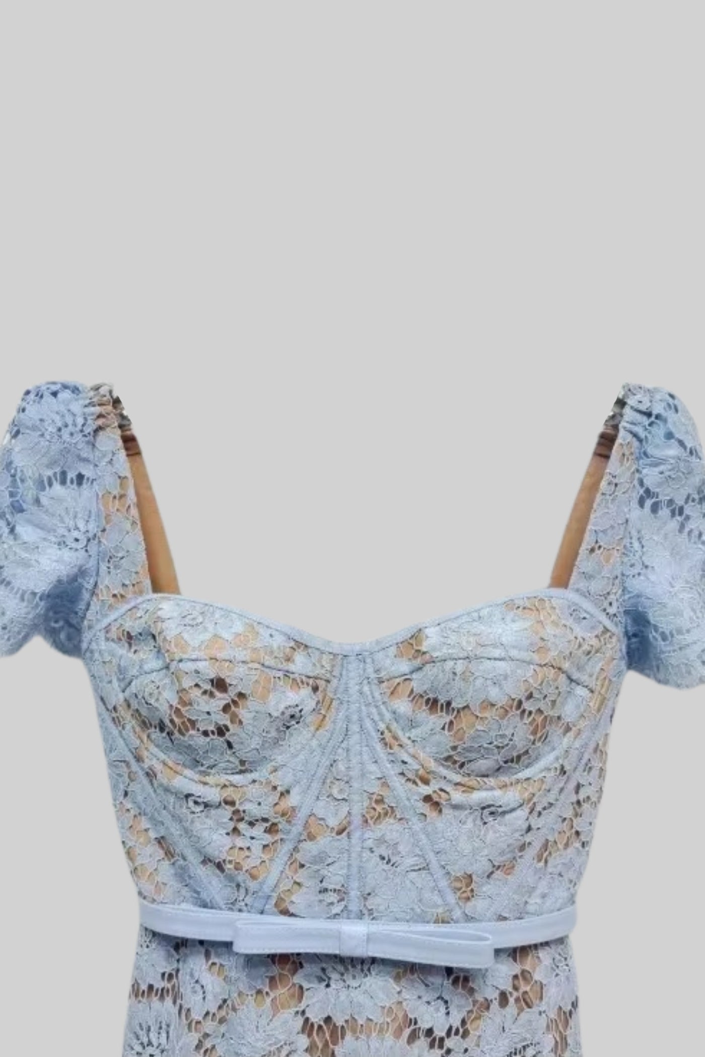 Robe en dentelle à manches courtes avec délicate ceinture assortie à la taille - Blue