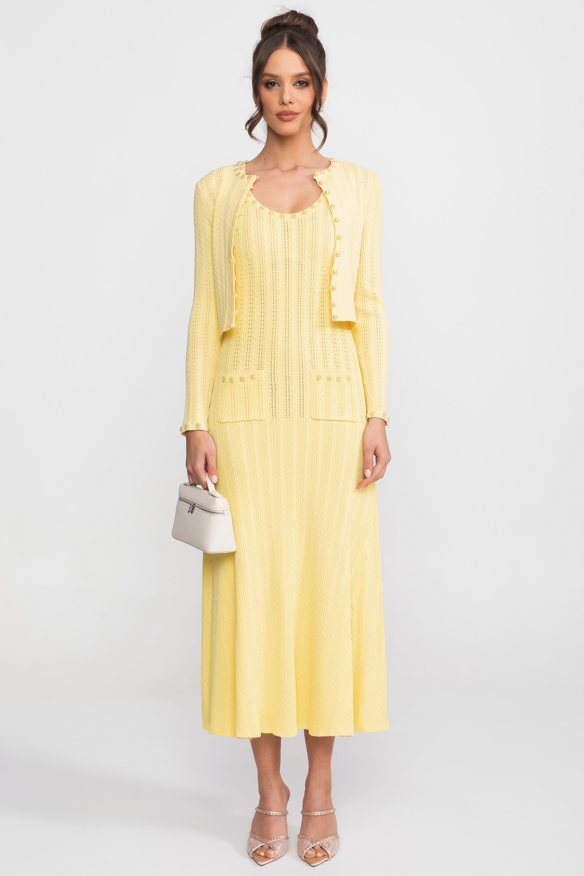 Ensemble Robe en Maille Côtelée et Cardigan avec Détails Boutons Perle - Jaune