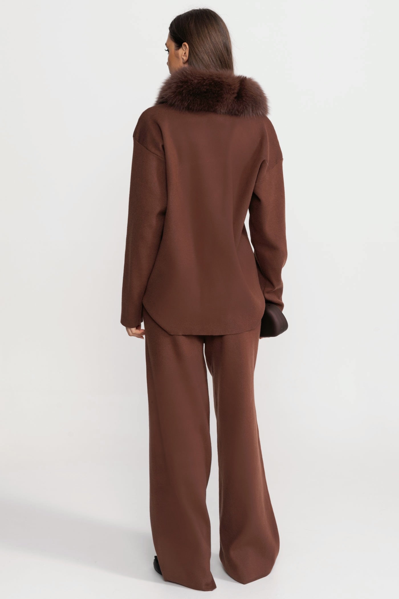 Knit Lounge Co-Ord Set with Fox Fur Collar – Brown