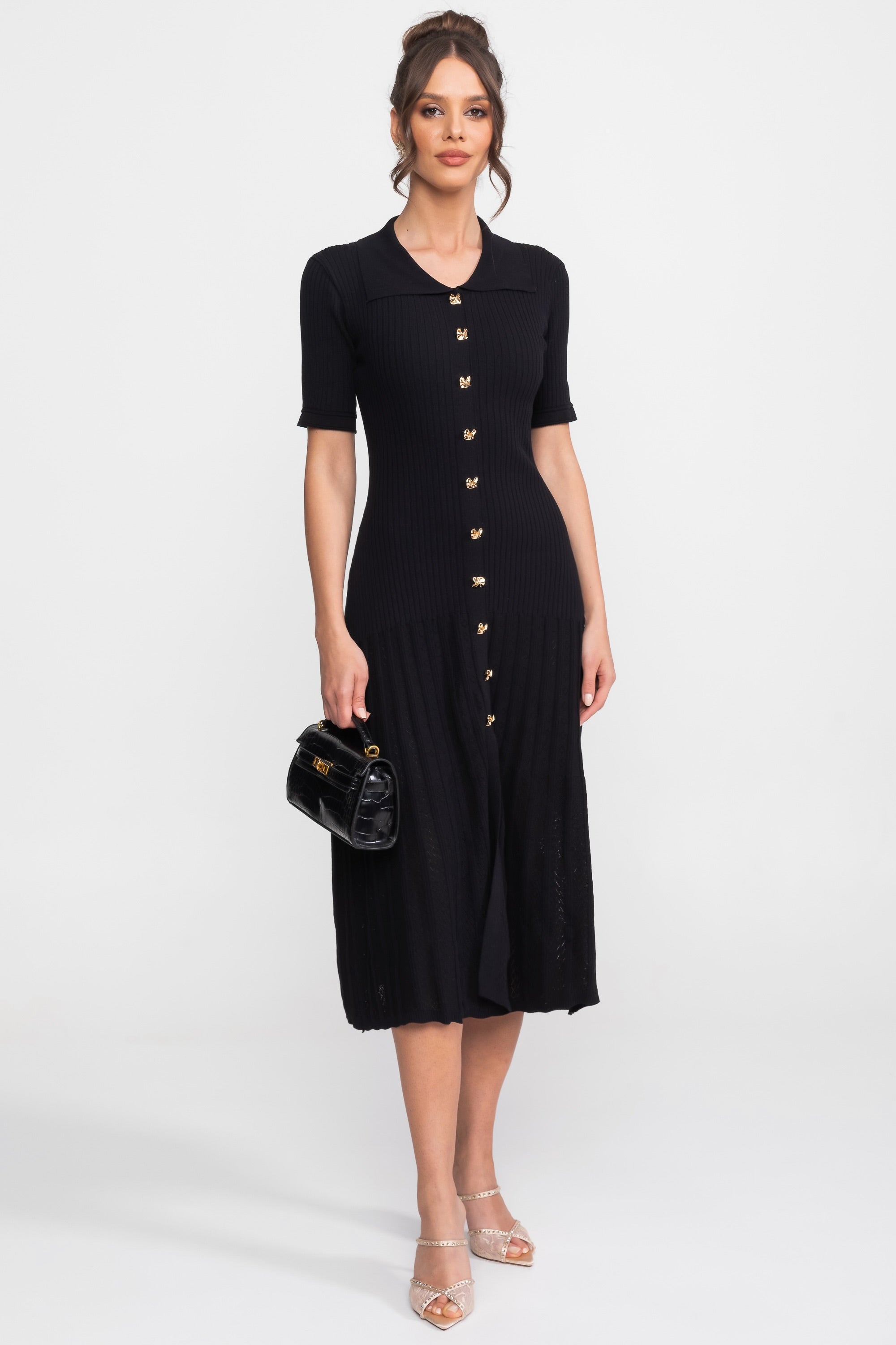 Robe midi en maille côtelée avec col Peter Pan et jupe plissée - Noir