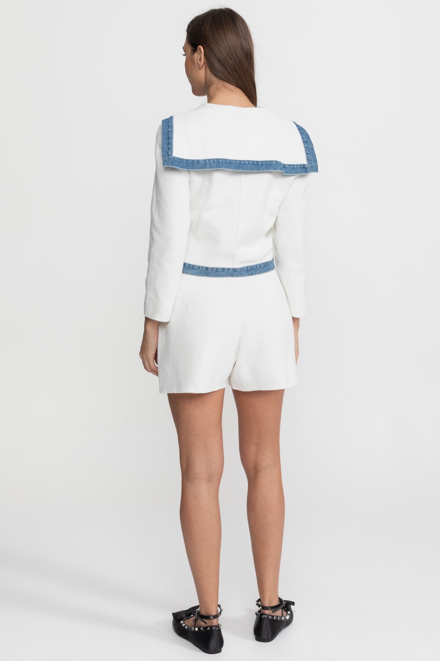 Textured Knit Co-Ord Set with Denim Trim – White & Blue