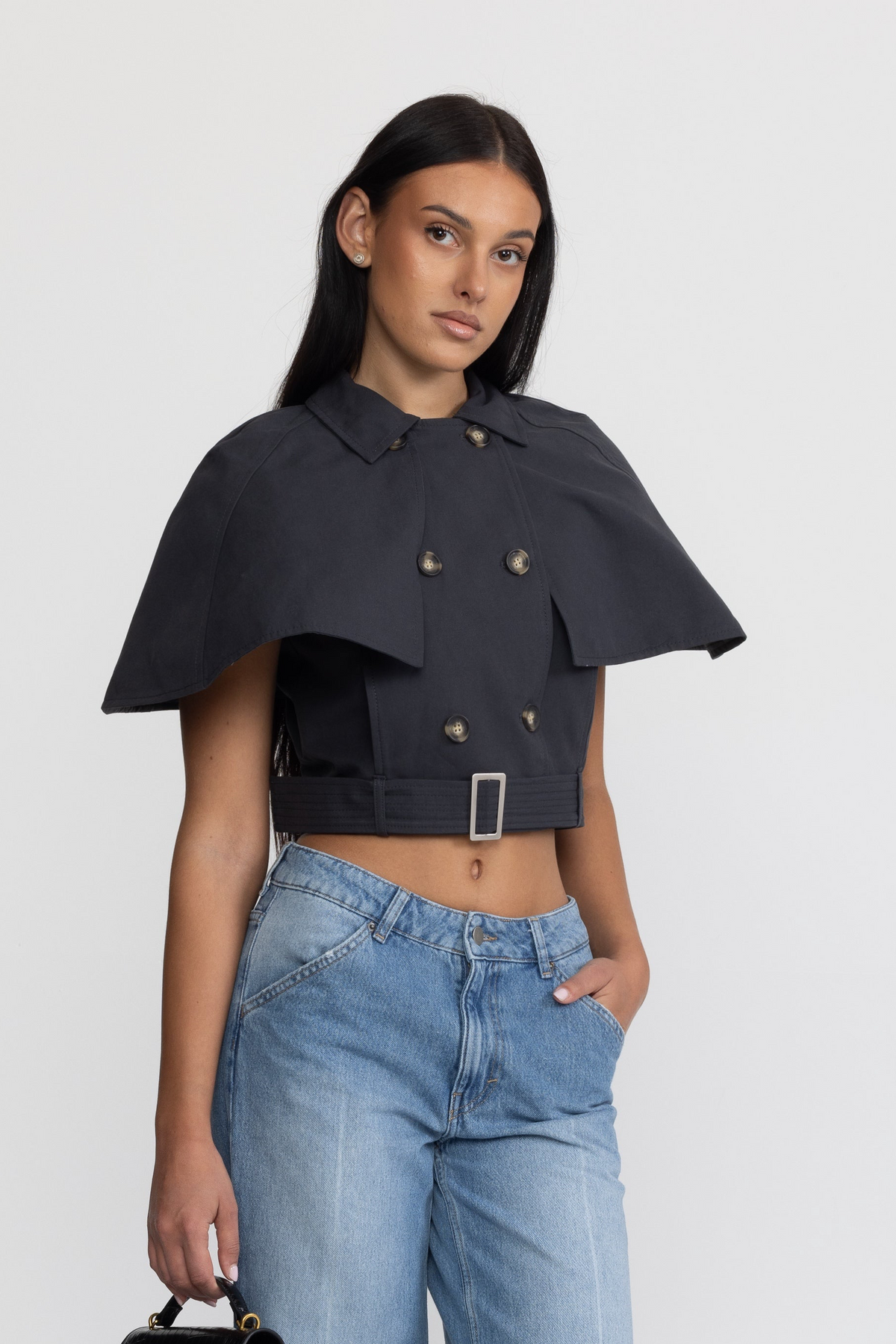 Cape-top trench cropped avec ceinture - bleu marine