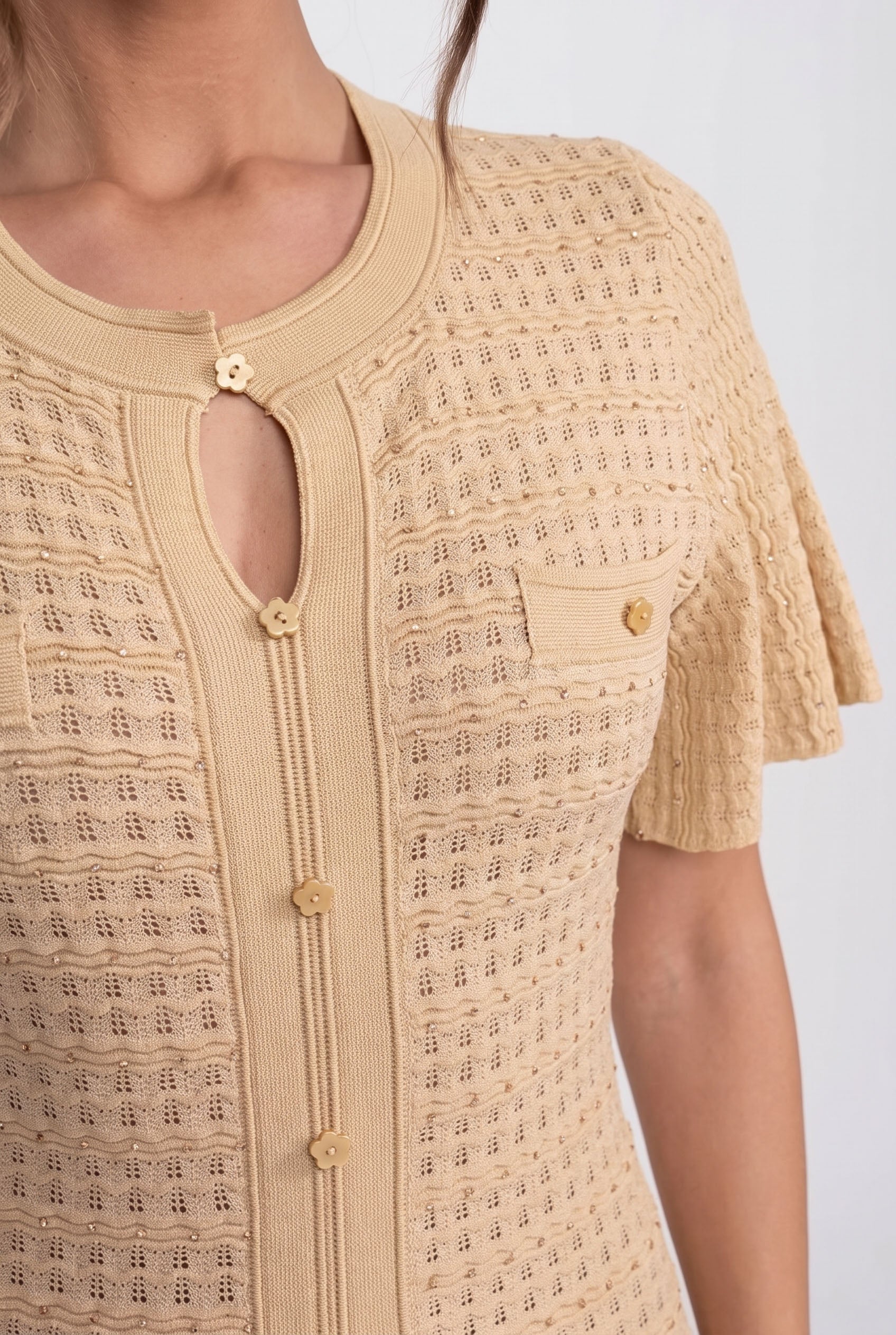 Robe midi à manches courtes avec texture en maille scintillante - Beige