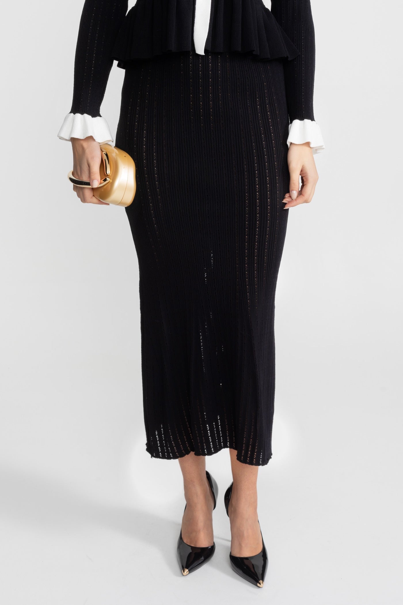 Ensemble Midi en Maille Pointelle avec Bordure Contrastée – Noir