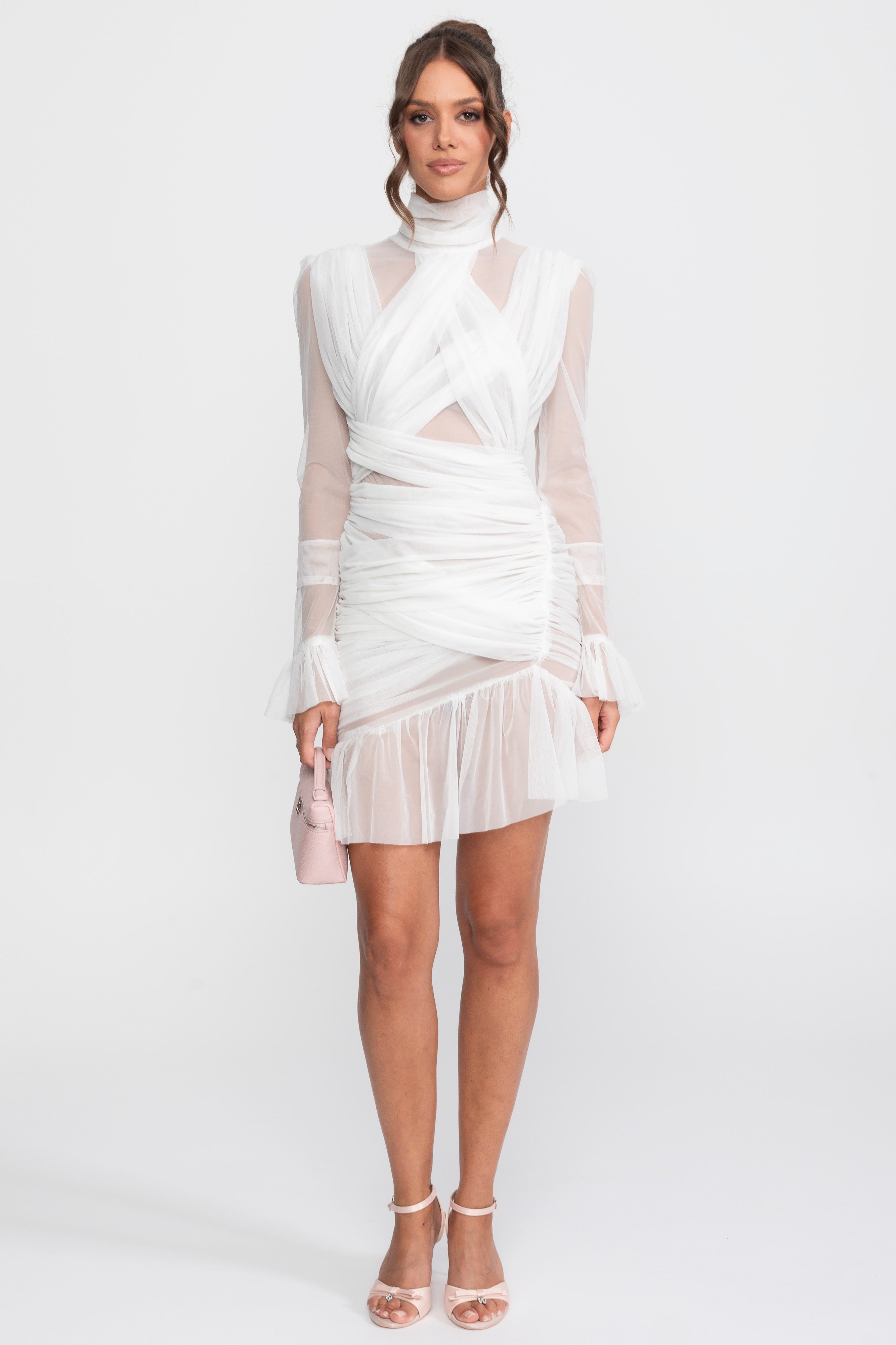 Robe mini en mesh à volants croisée avec manches longues - Blanc