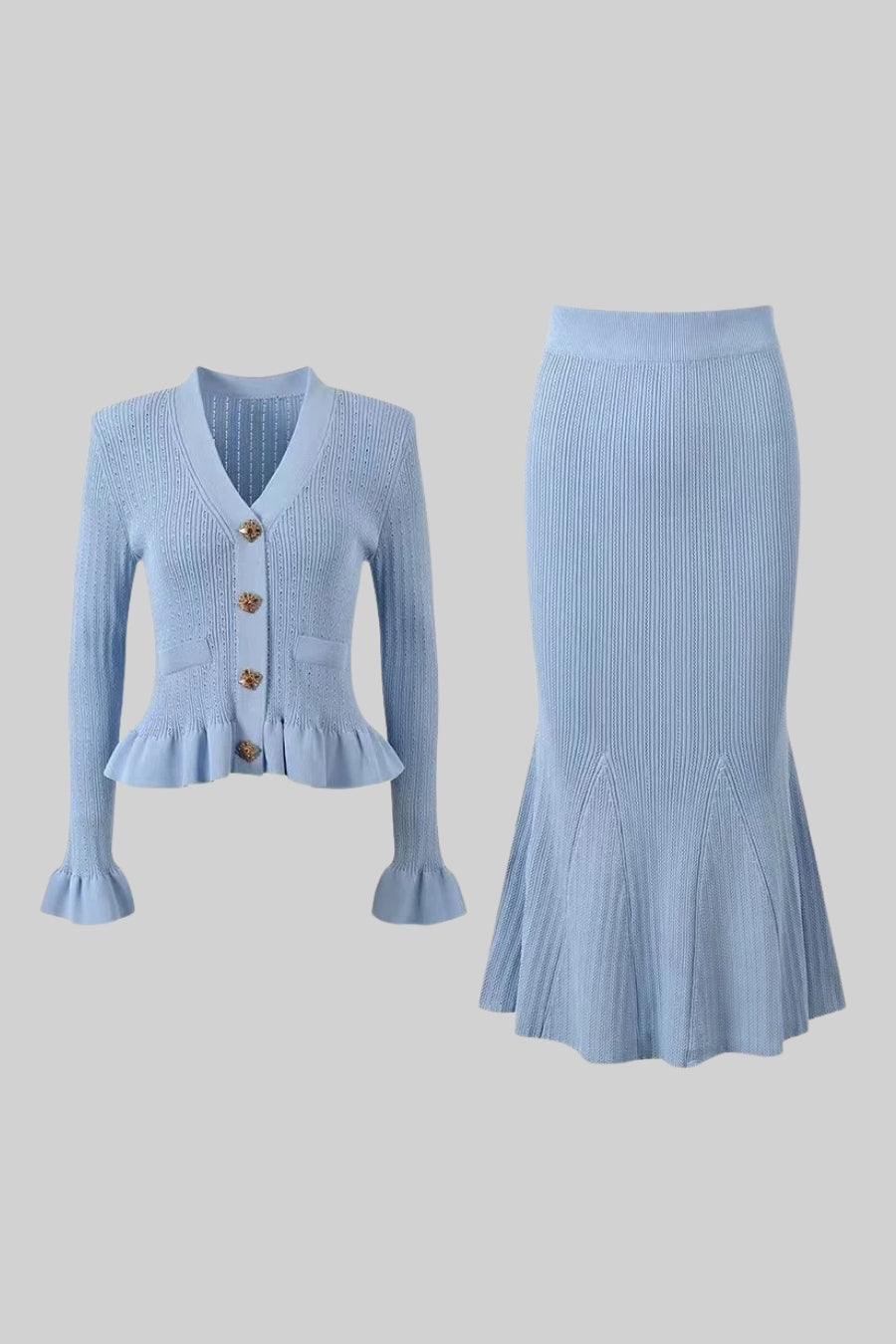 Ensemble assorti en maille : Veste à volants & Jupe évasée - Baby Blue