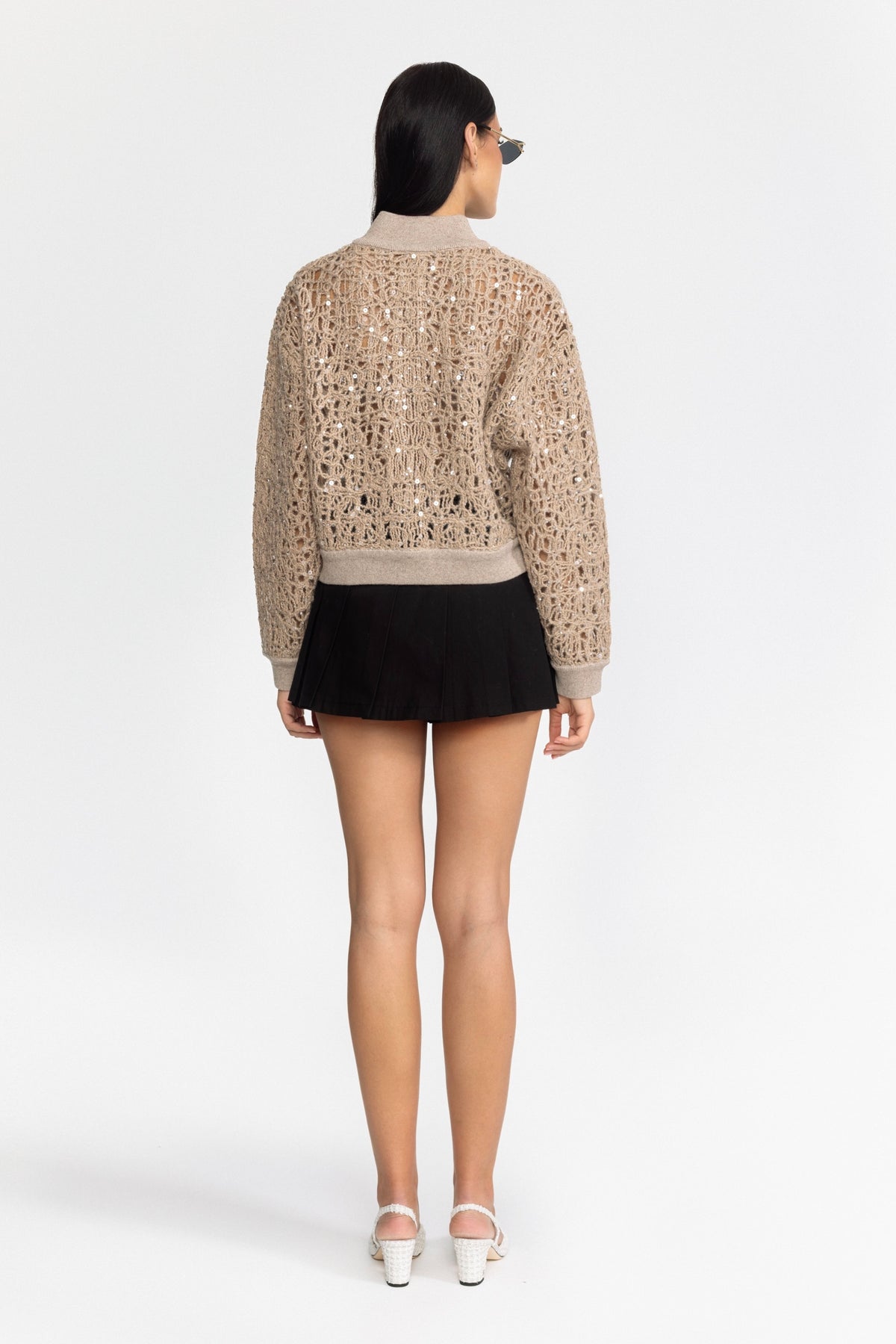 Sequin Open-Knit Zip Cardigan - Beige