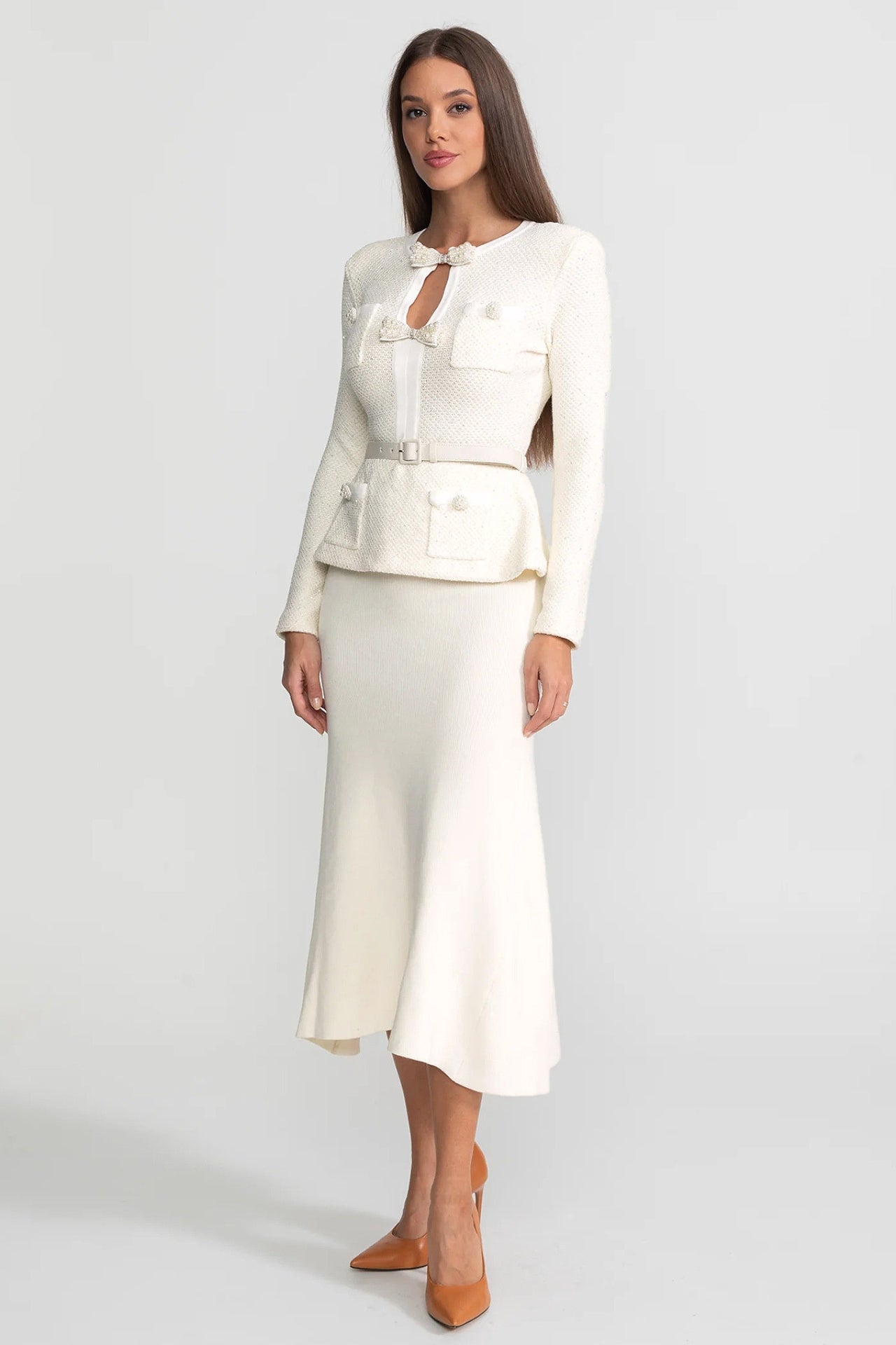 Robe midi en maille peplum en tweed – Ivoire