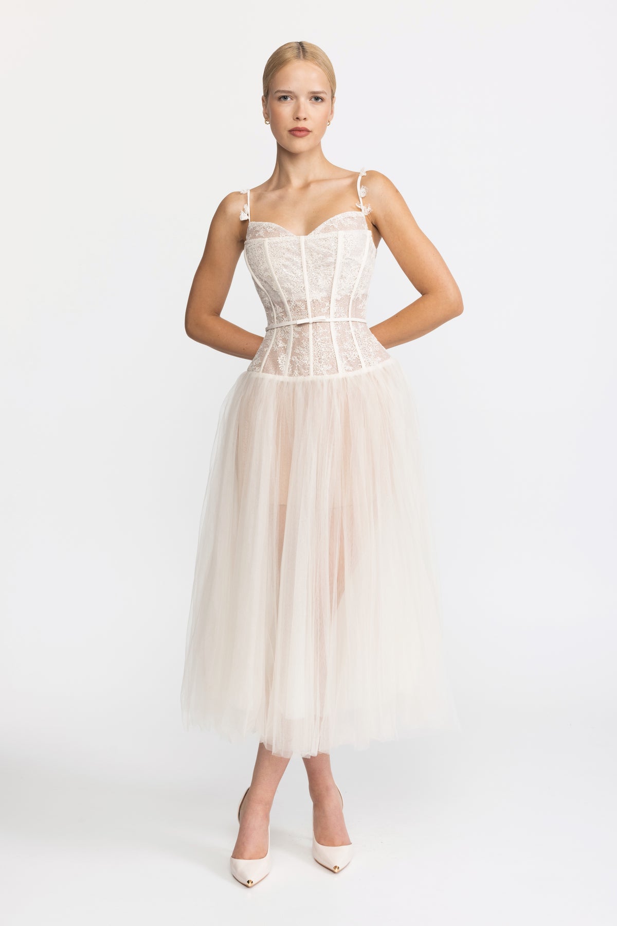 Robe midi en tulle à corset en dentelle - Beige