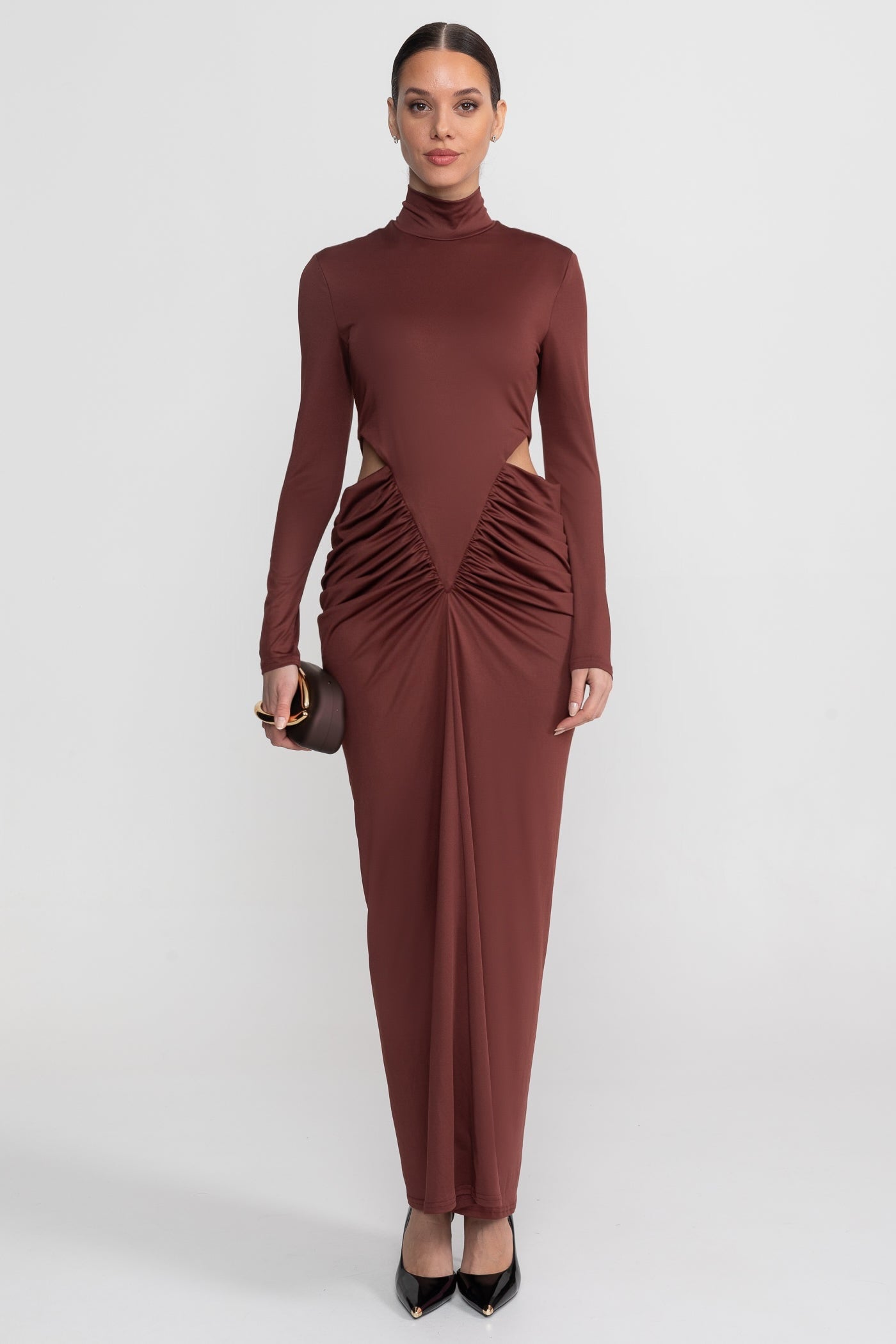 High Neck Maxi Dress With Long Sleeves And Waist Cut-Out Detail - Brown