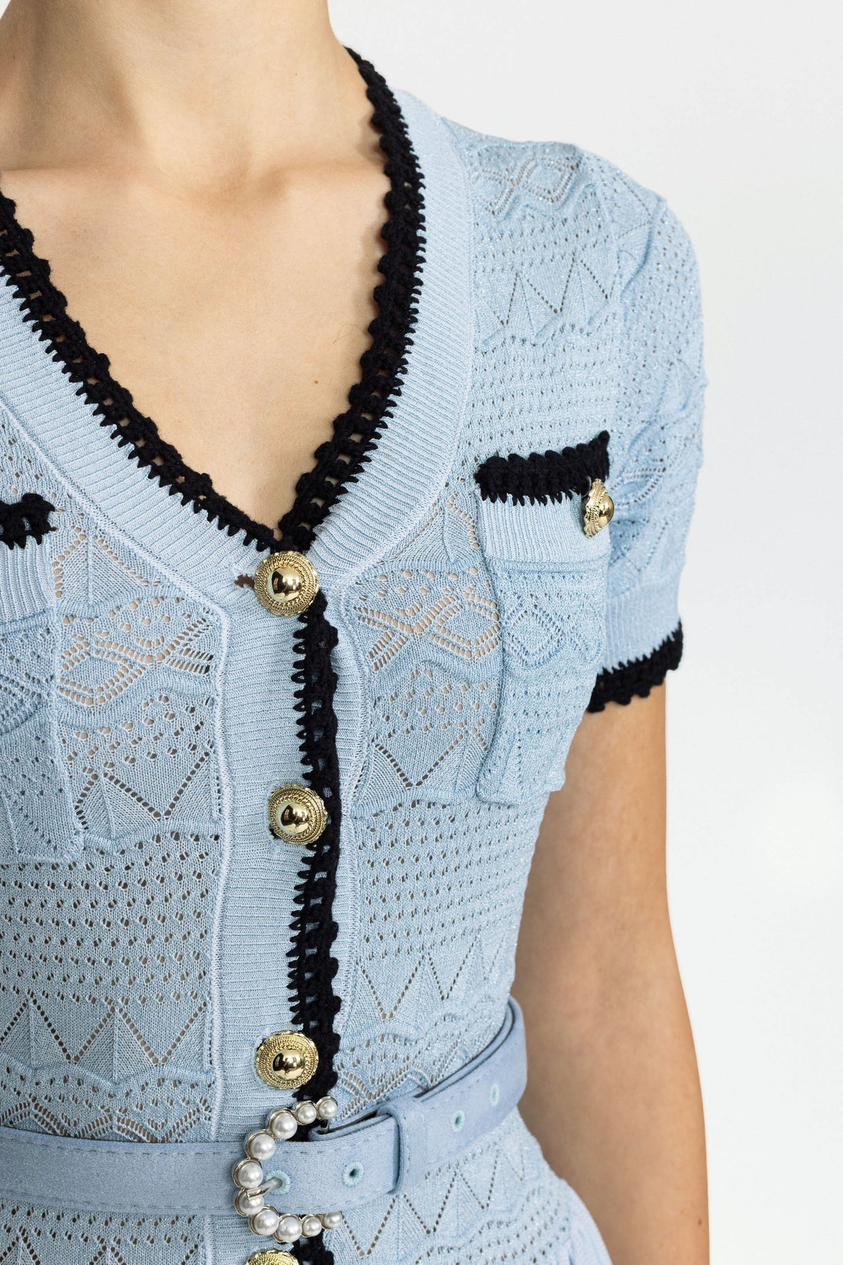Robe longue ceinturée à corsage en maille pointelle - bleu clair