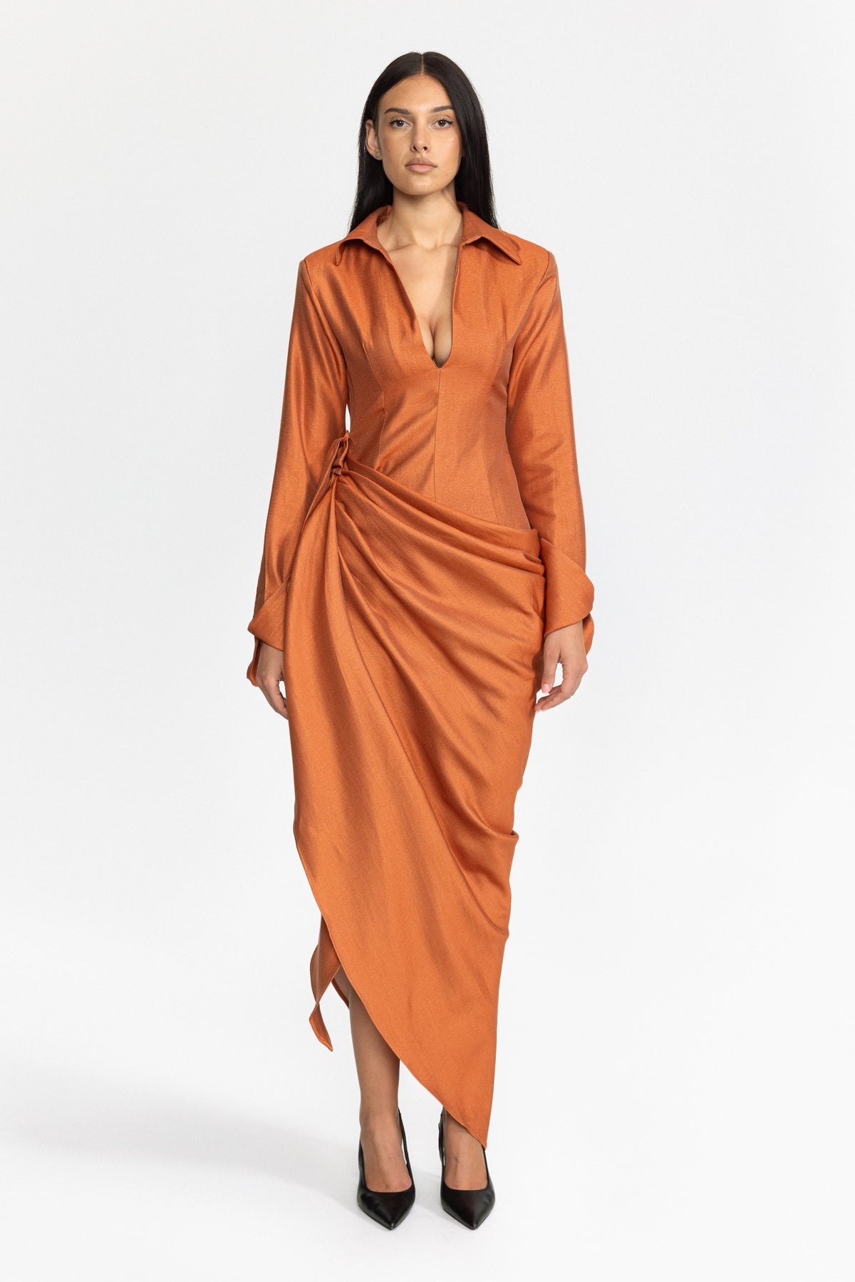 Robe longue portefeuille drapée à col plongeant - orange brûlé