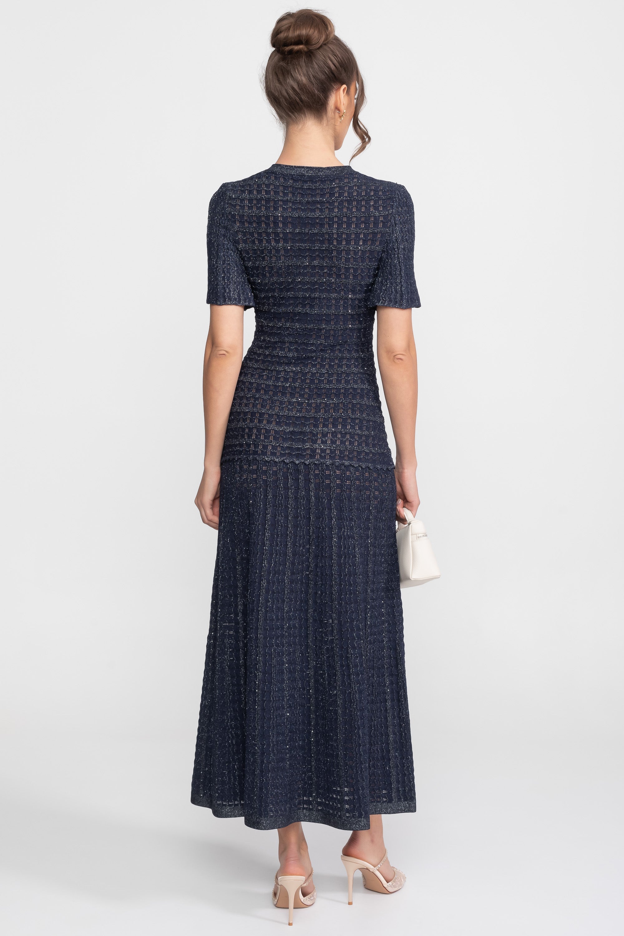 Robe Midi à Manches Courtes avec Texture Tricotée Scintillante - Navy