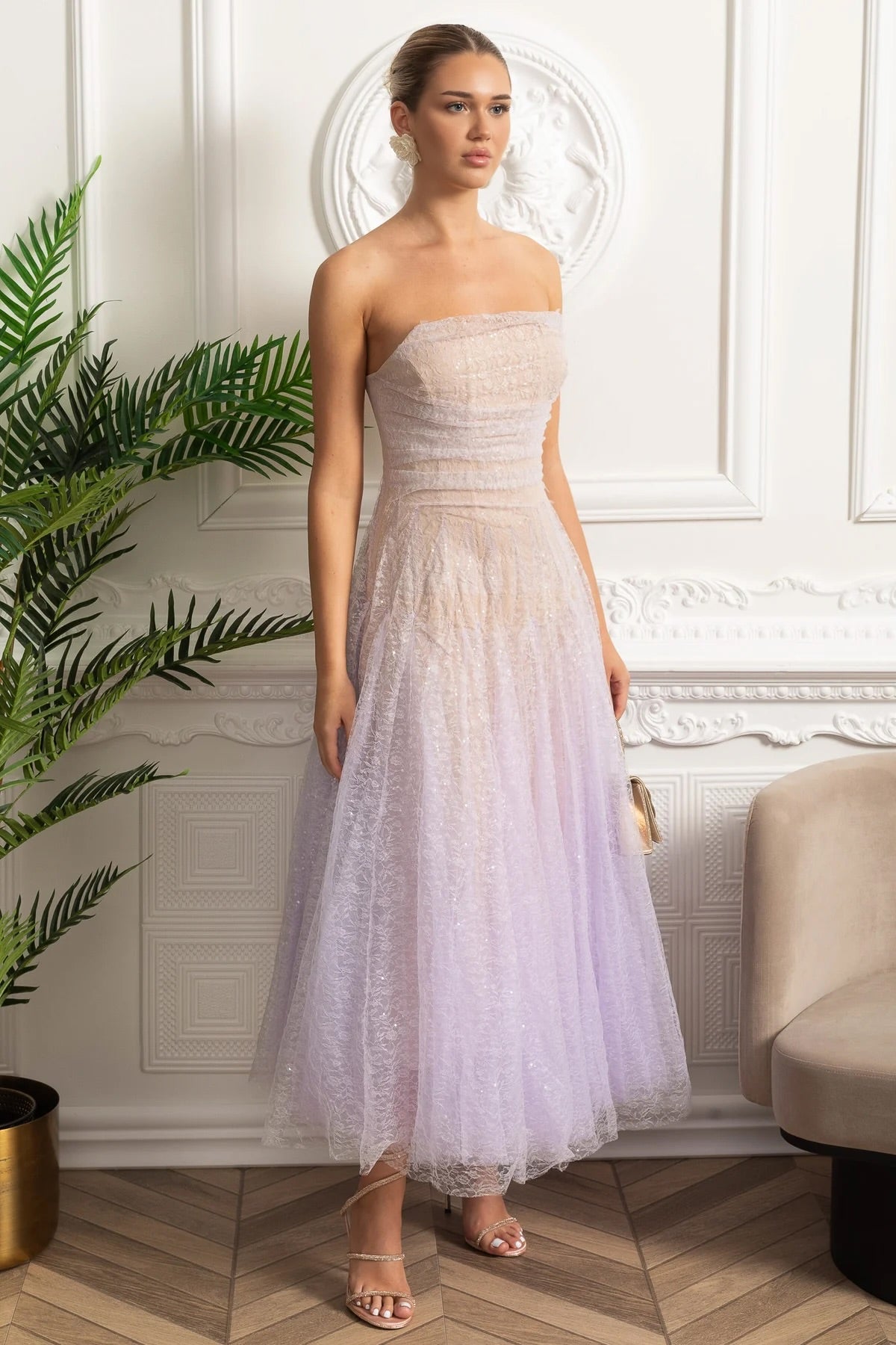 Robe midi trapèze bustier avec superposition texturée scintillante - Dégradé lilas