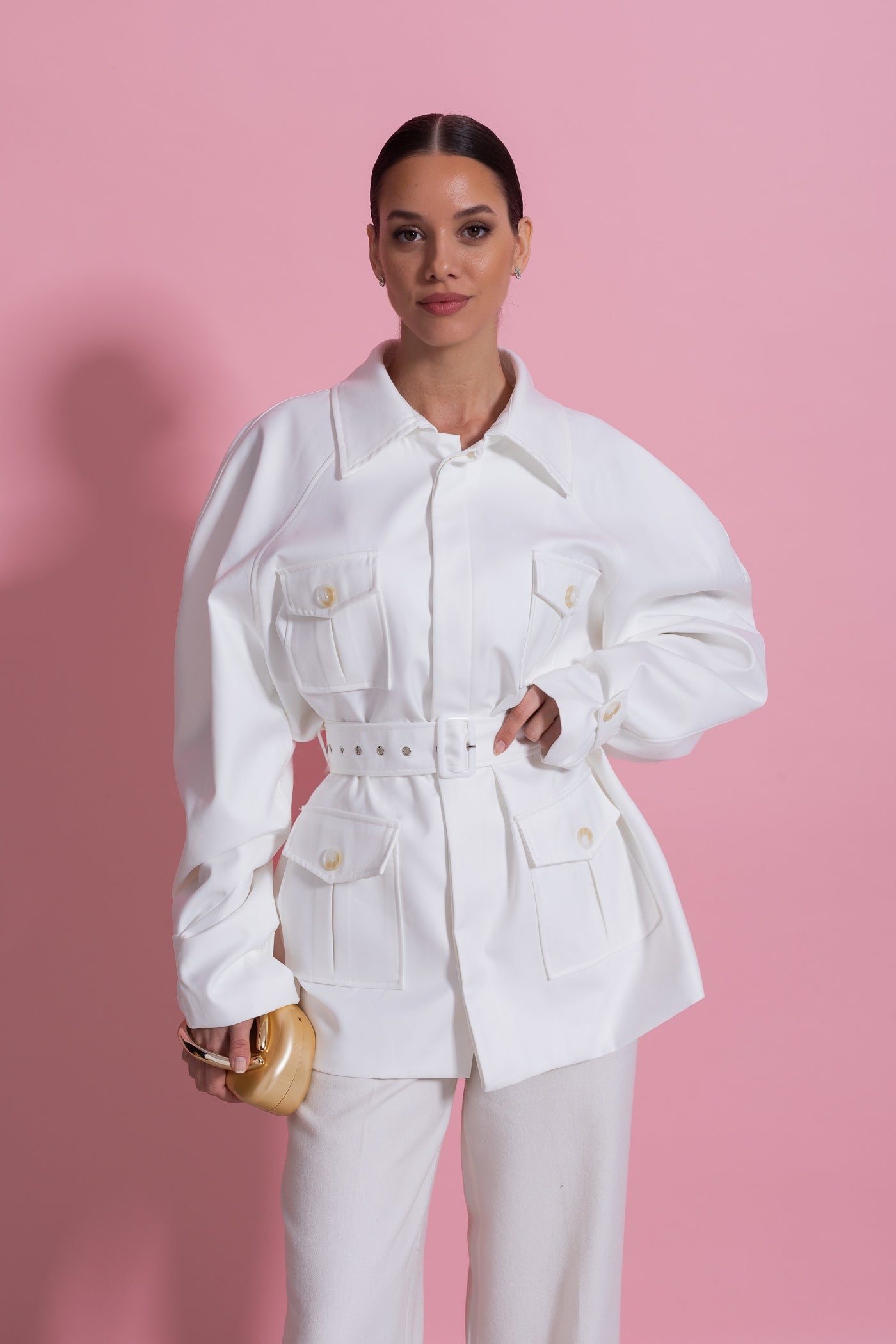 Veste Trench-Coat Ceinturée Avec Poches Plaquées Oversize - Blanc