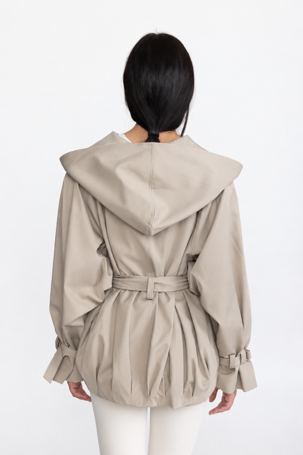 Hooded Double-Breasted Belted Trench Jacket - Stone