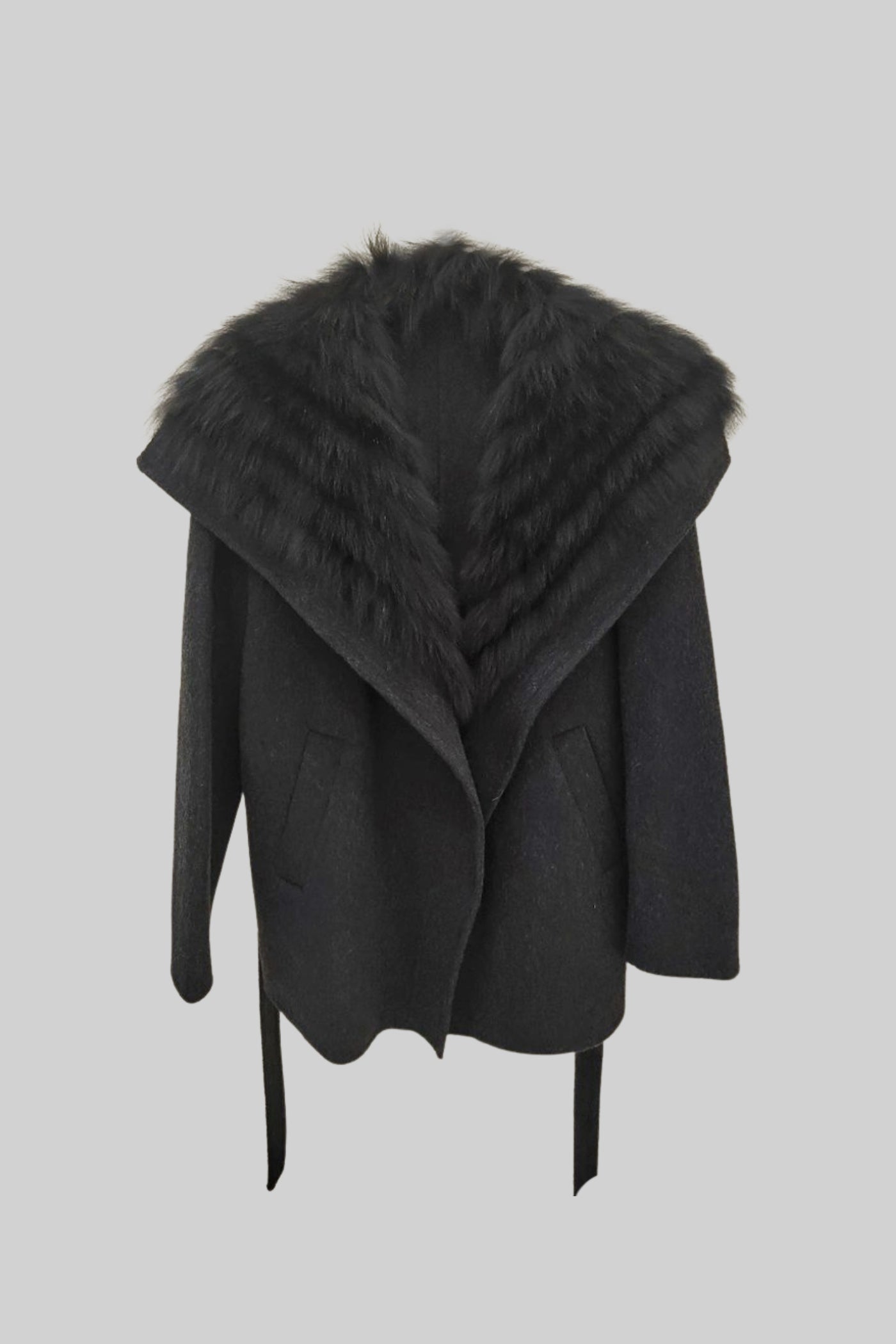 Manteau en laine avec col en fourrure oversize et ceinture - Noir