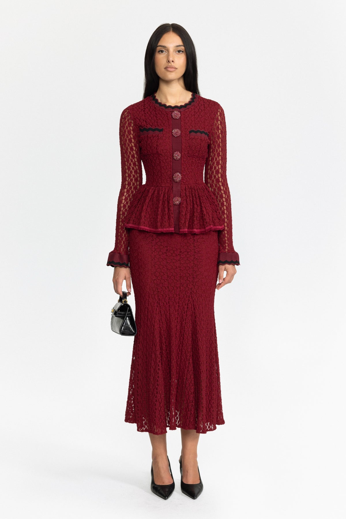 Robe midi péplum en maille crochet avec finition croquet - bordeaux