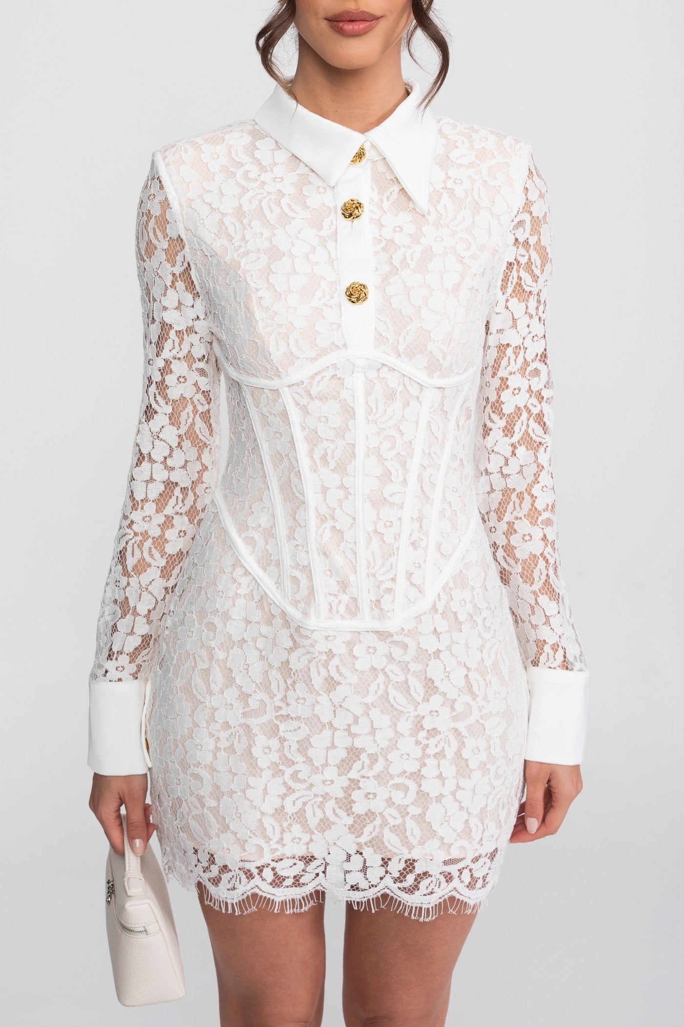 Robe mini en dentelle à manches longues avec ourlet festonné - Blanc