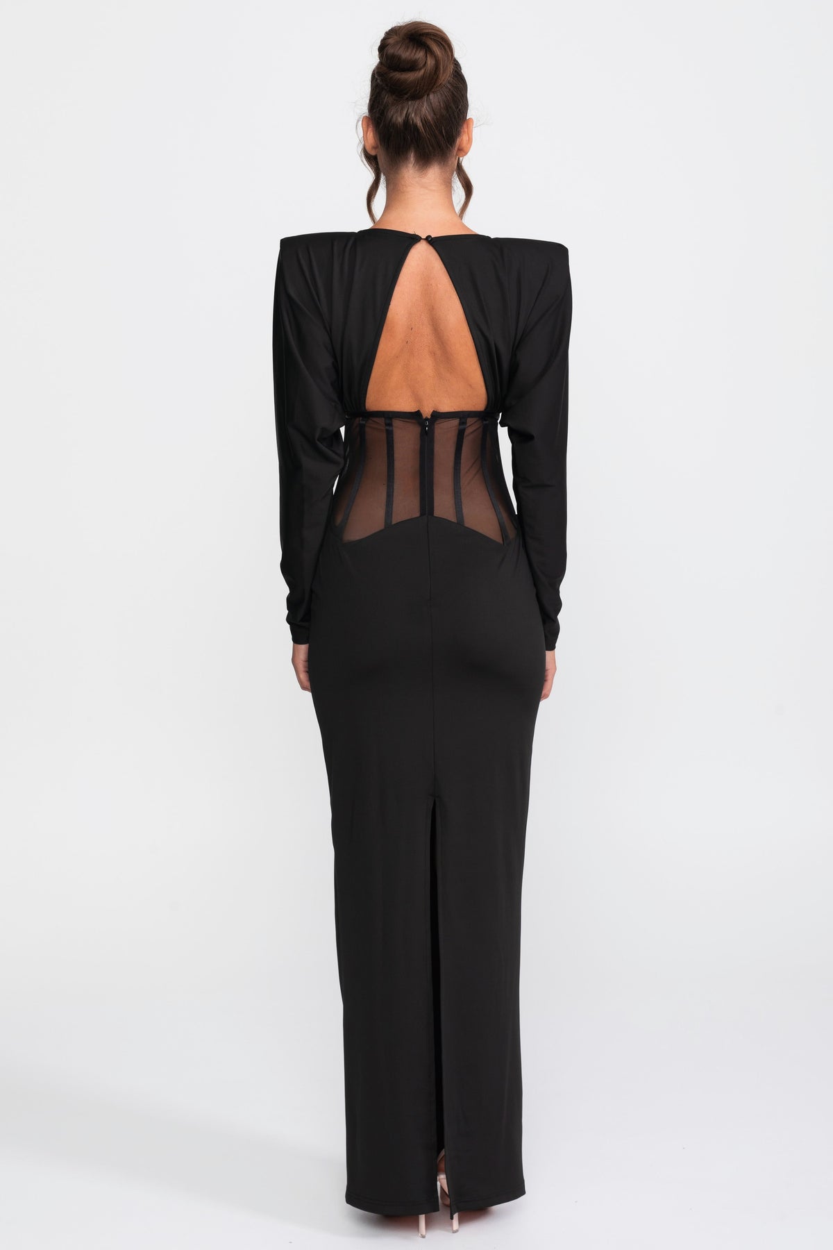 Robe longue à empiècements transparents découpés à manches longues - Noir