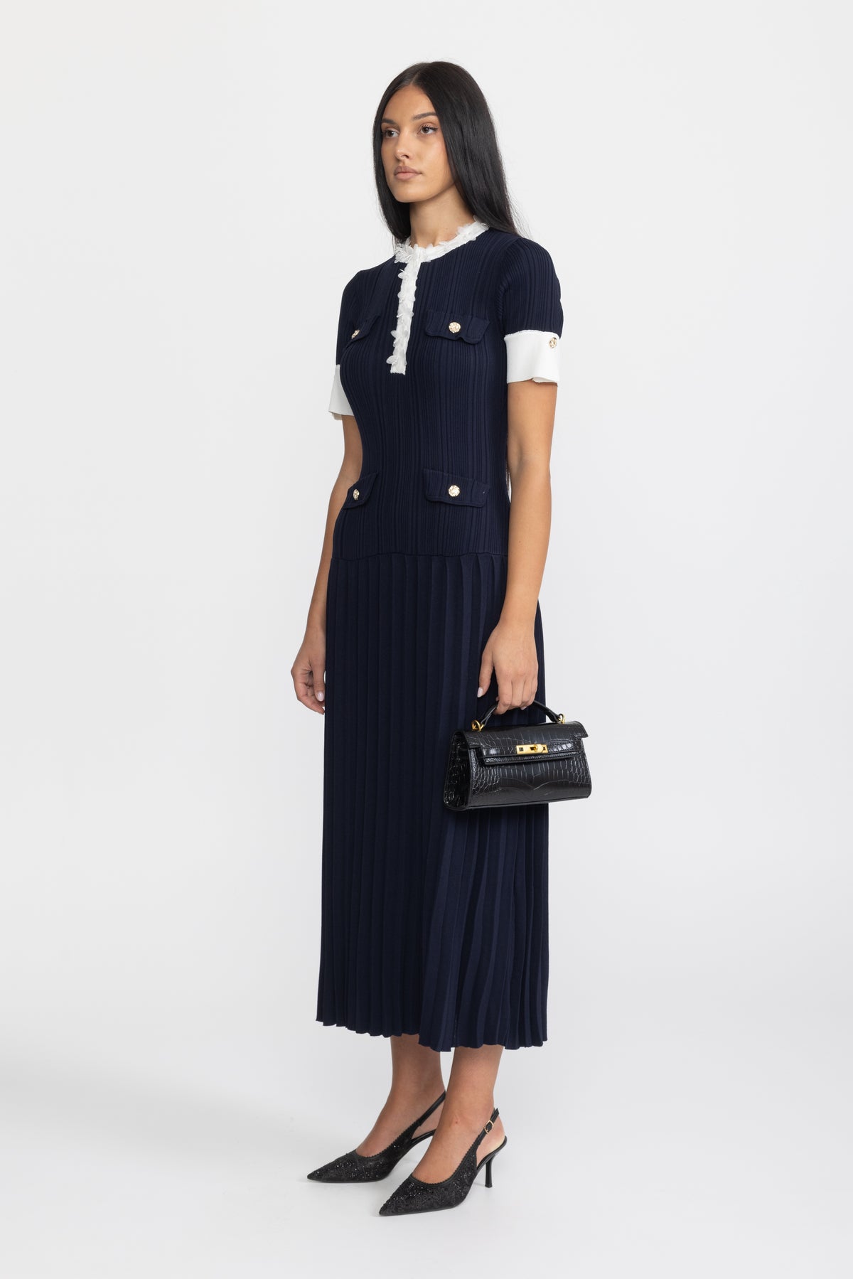 Pleated Knit Ruffle Trim Midi Dress - Navy