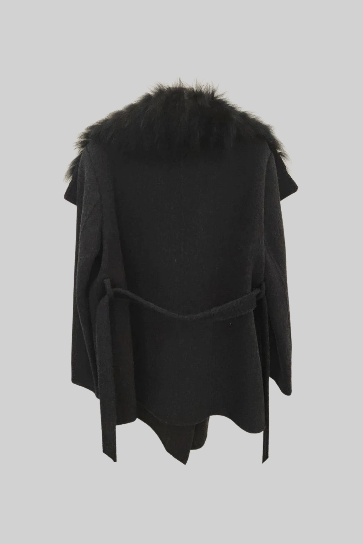 Manteau en laine avec col en fourrure oversize et ceinture - Noir