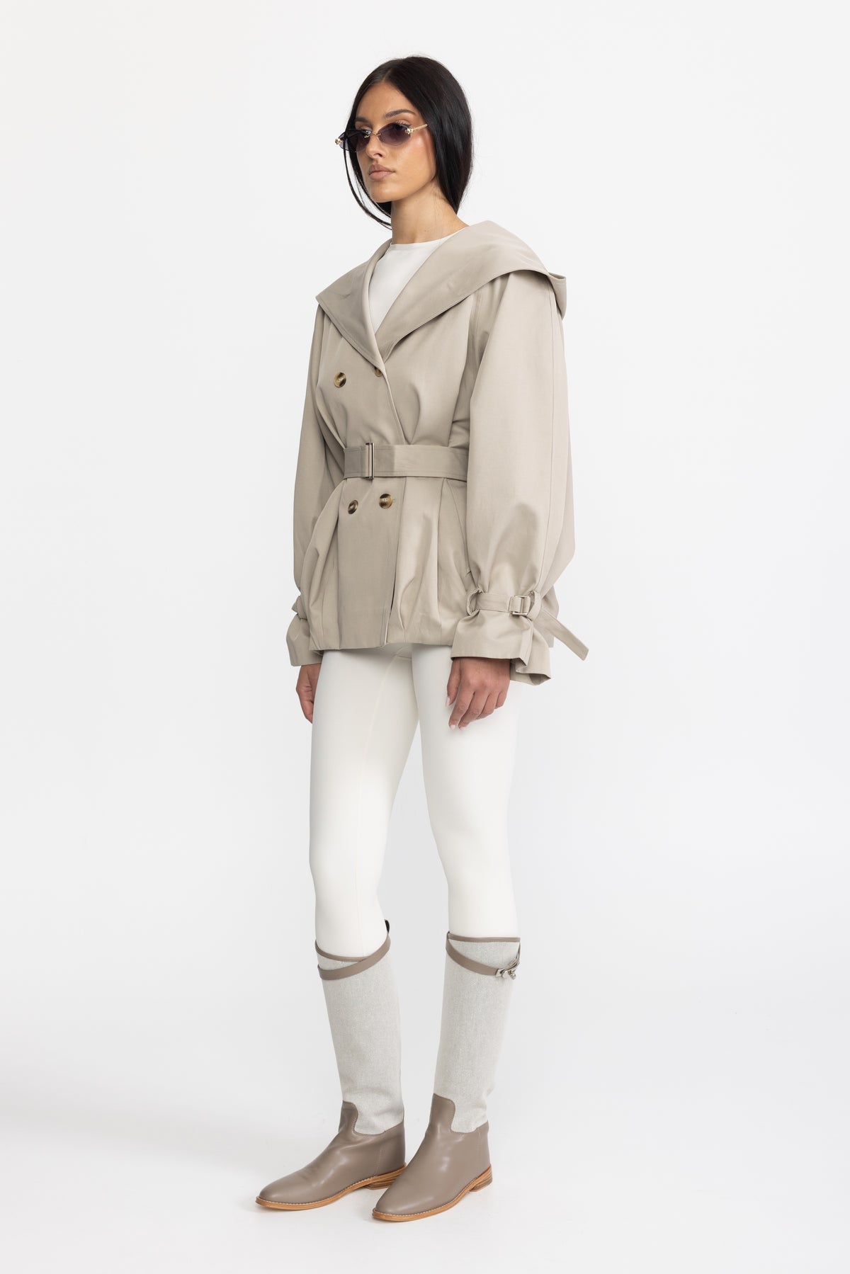 Hooded Double-Breasted Belted Trench Jacket - Stone