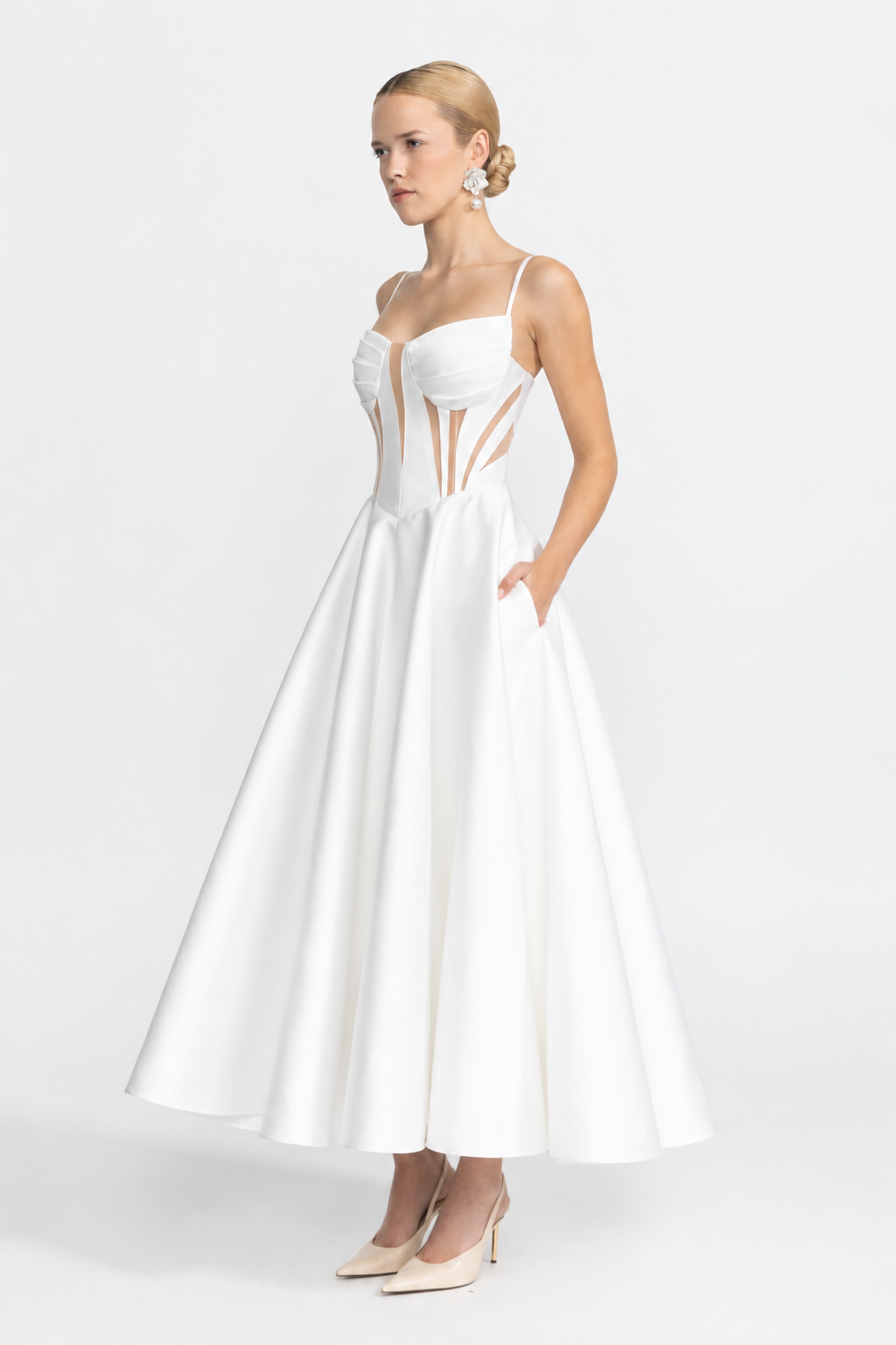 Sheer Panel Satin Corset Midi Dress - White