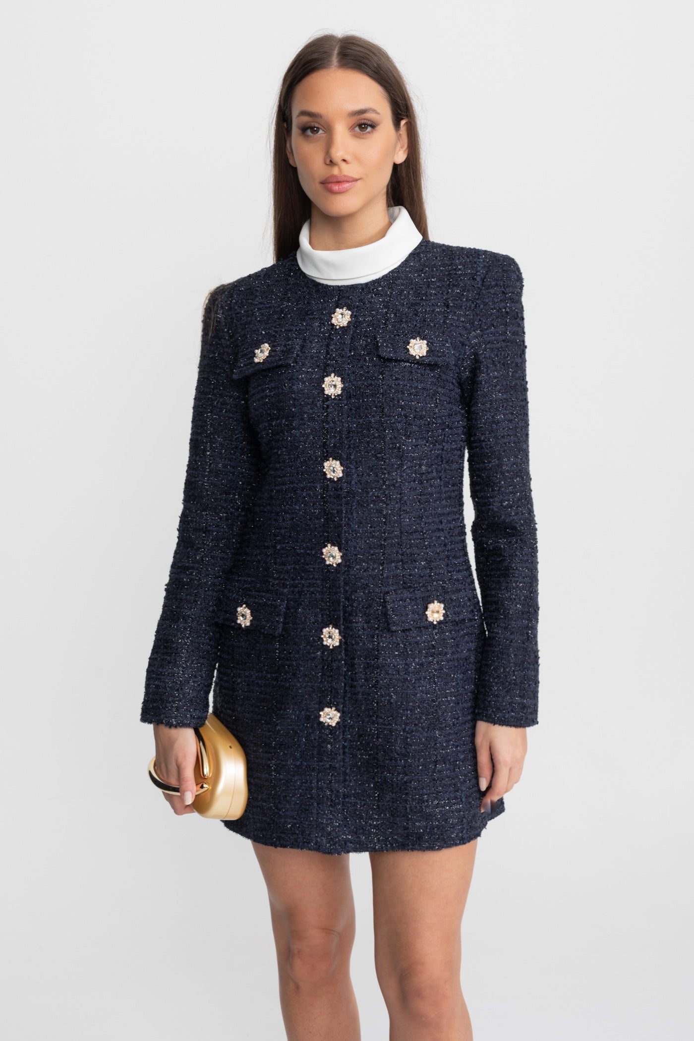 Robe Mini en Tweed Texturé avec Ornements de Boutons en Cristal – Navy