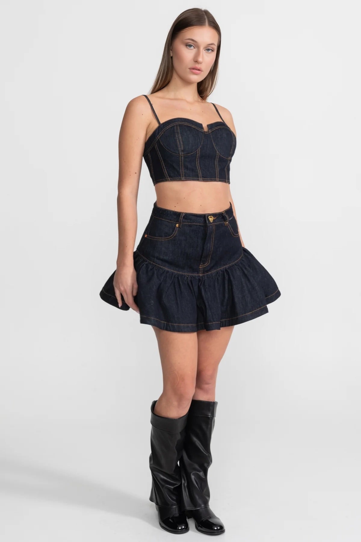 Ensemble coordonné bustier en denim avec surpiqûres contrastées – Indigo
