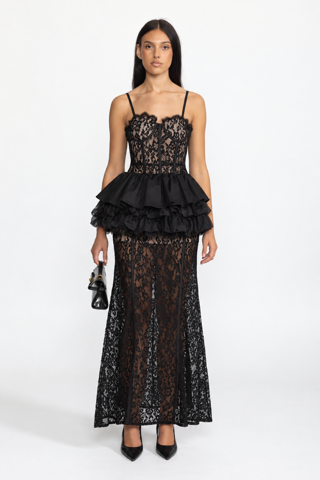 Robe longue à corset en dentelle, volants et basque - Noir