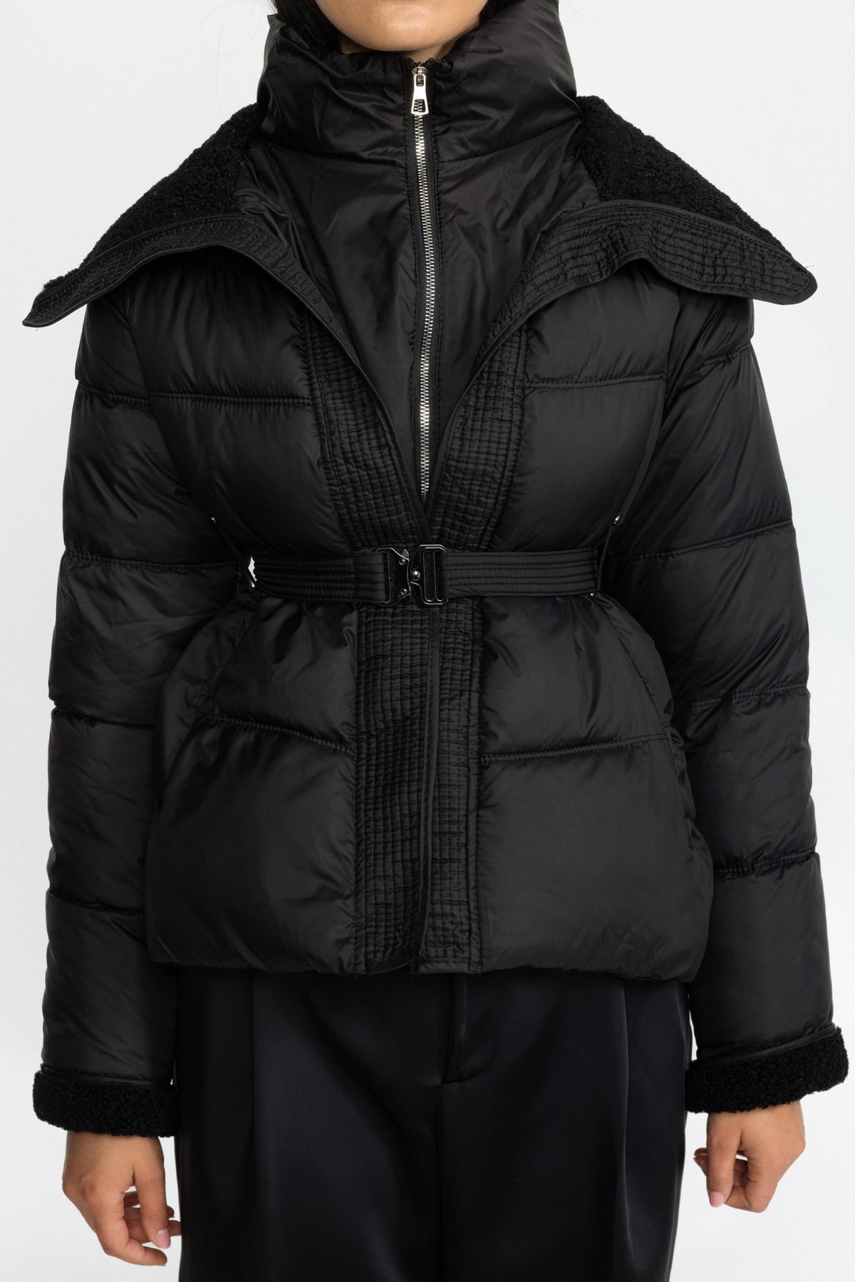 Belted Puffer Jacket with Teddy Collar - Black