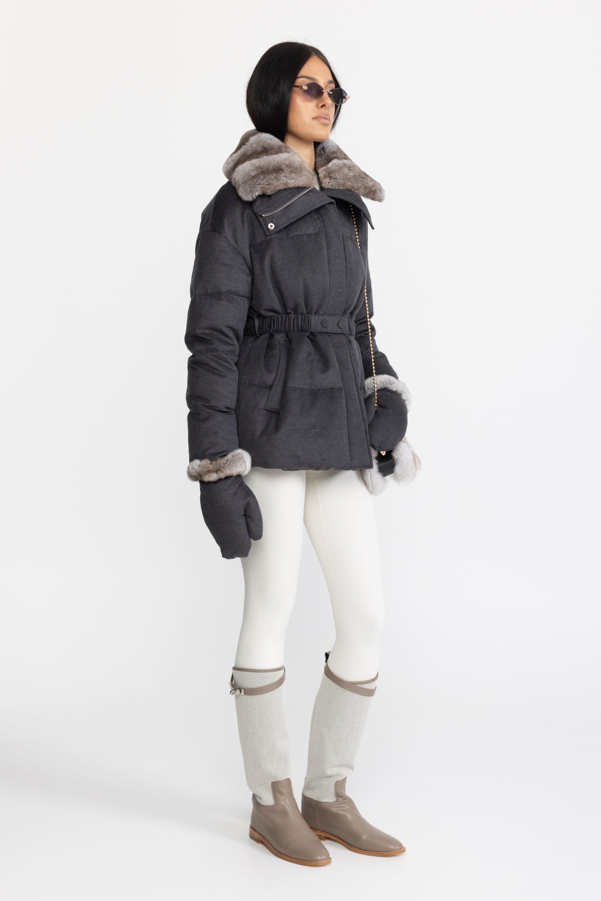 Doudoune en coton-soie avec col en fourrure de lapin Rex - Anthracite