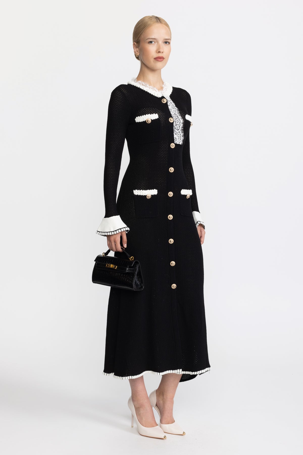 Robe midi en maille pointelle à boutons sur le devant et finitions en dentelle - Noir